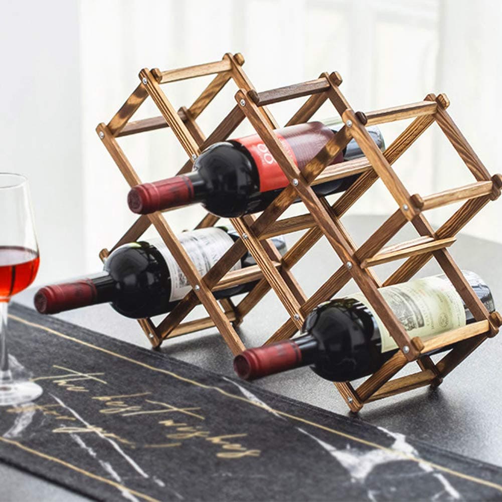 Foldable Wood Wine Rack 10-Bottle Holder Storage Display Table Free Standing Rustic Wooden Racks Countertop Decor Organizer - Carbonized Wood