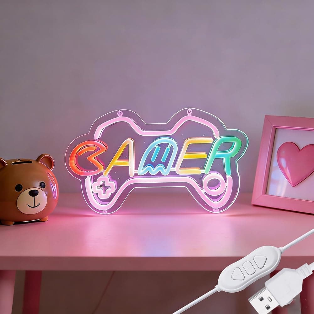 Reezldokn Gamer Neon Sign for girl room decor, 15 * 9 inch Pink Gaming led lights with USB Power and Dimmer Switch for game room decor,adult and Kids