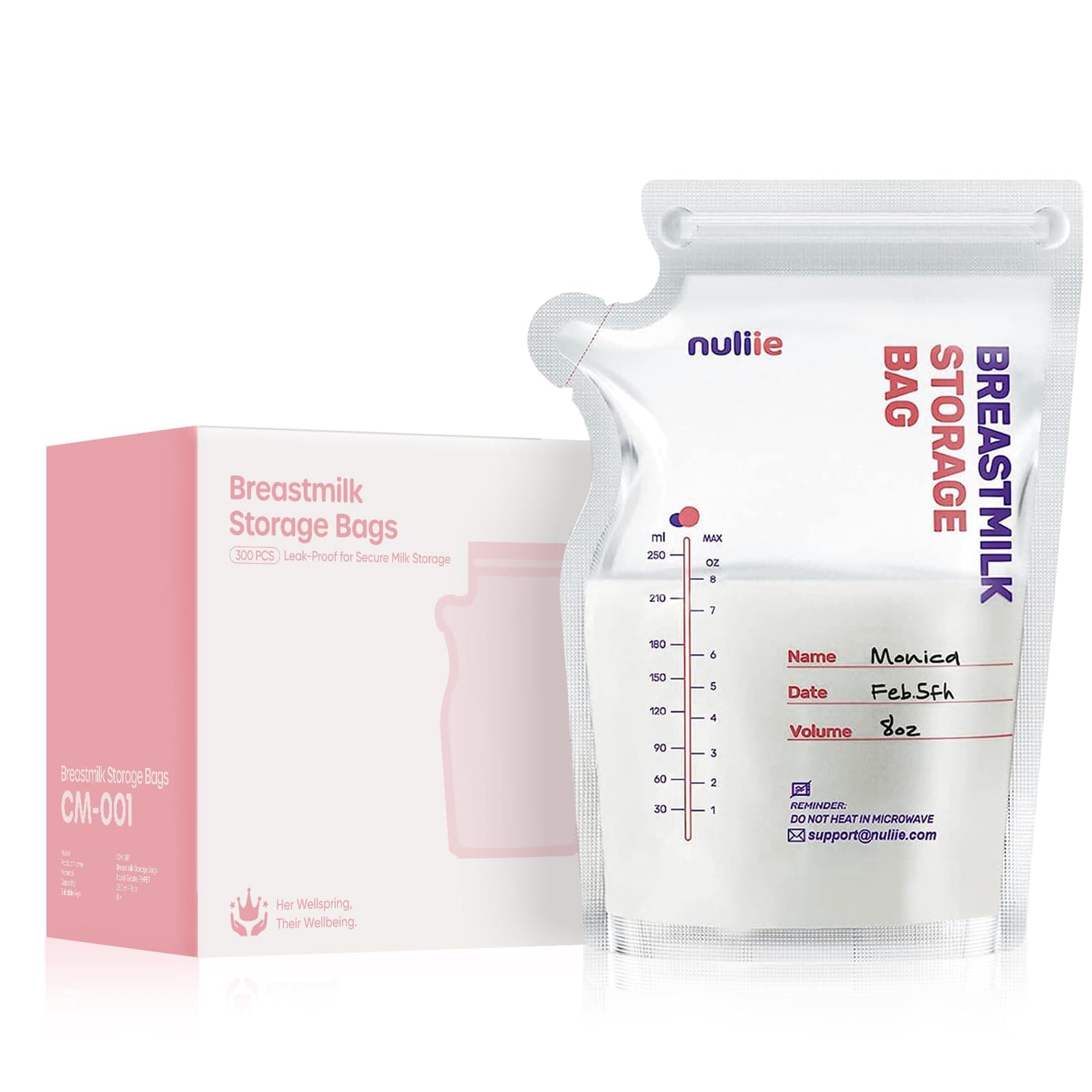 Nuliie 300 Pcs Breast Milk Storage Bags, 250ml BPA Free Milk Storage Bags with Pour Spout for Breastfeeding, Self-Standing or Flat Pre-sterilised Bag, Space Saving for Fridge or Freezer Use