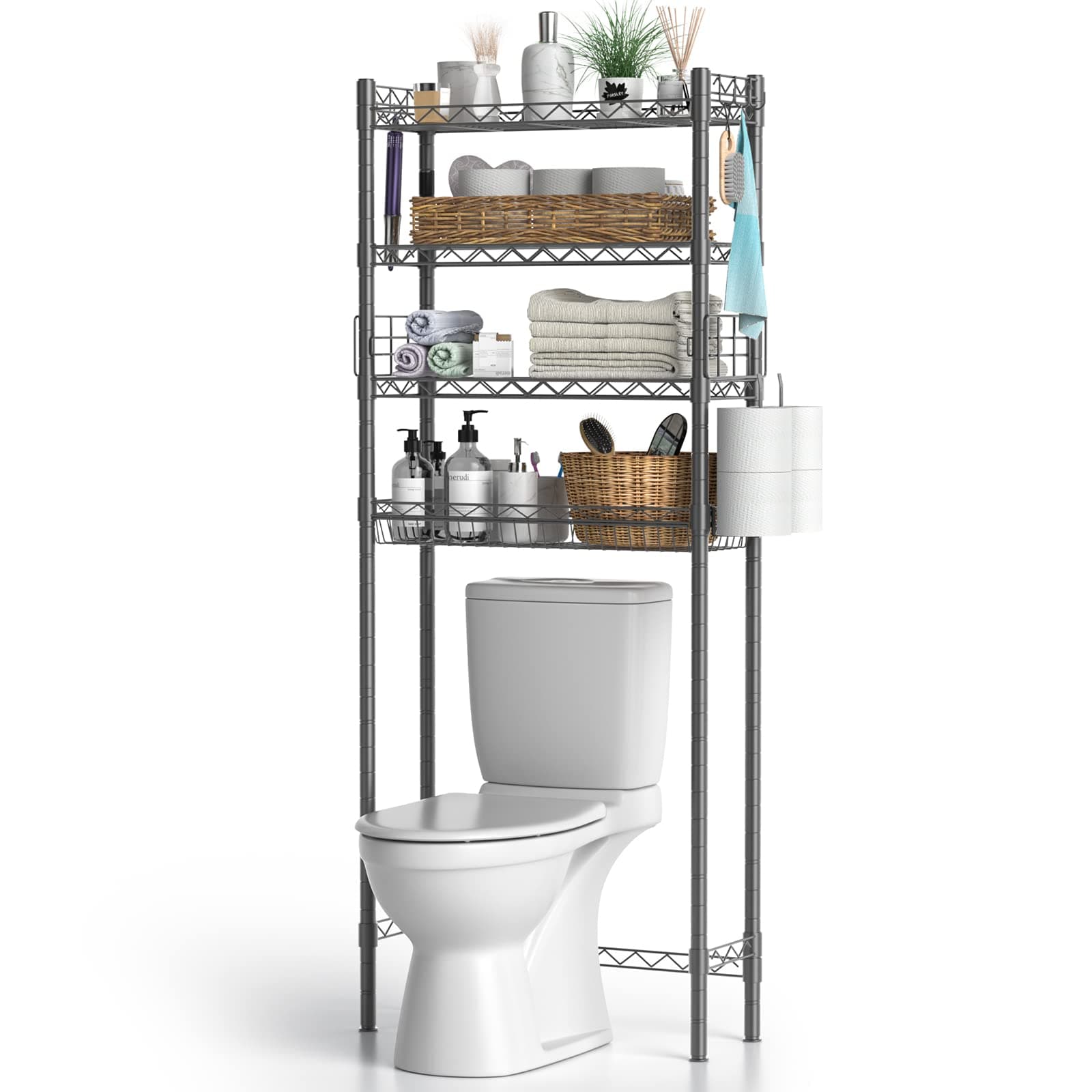 Bathroom Organizer Over Toilet Storage, 4-Tier Toilet Shelf Bathroom Shelves Over Toilet, Above Toilet Storage Rack Bathroom Space Saver, Gray