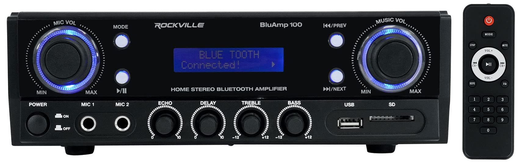 Rockville BLUAMP 100 Home Stereo Bluetooth Amplifier USB/Microphone Input + RCA Output