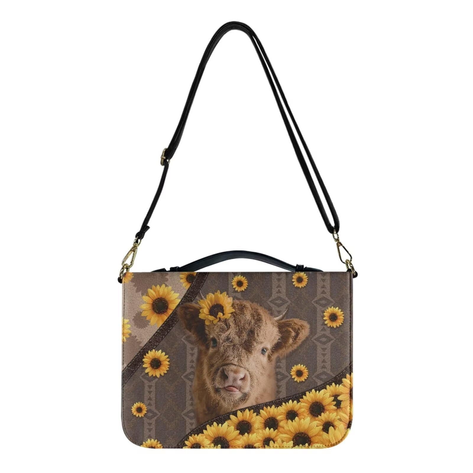 Talayituse Geometric Highland Cattle Sunflower Print PU Leather Bible Cover for Women Men Large Size Bible Case Bible Carrying Case with Handle, Shoulder Strap, XL