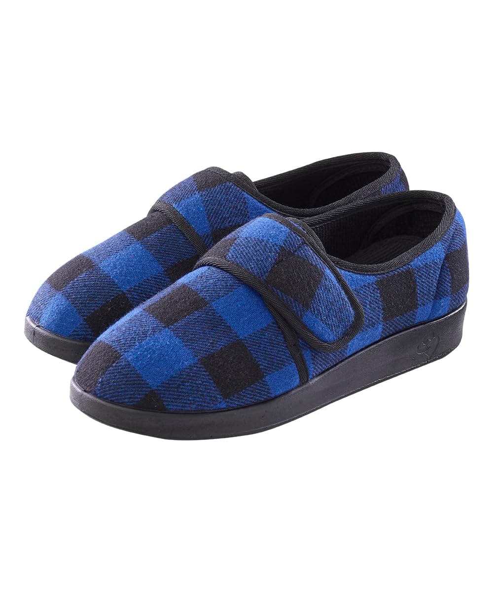 Silvert's Adaptive Clothing & Footwear Men’s Wide & Comfy Easy Closure Slippers for Seniors - Navy Buffalo Plaid 7