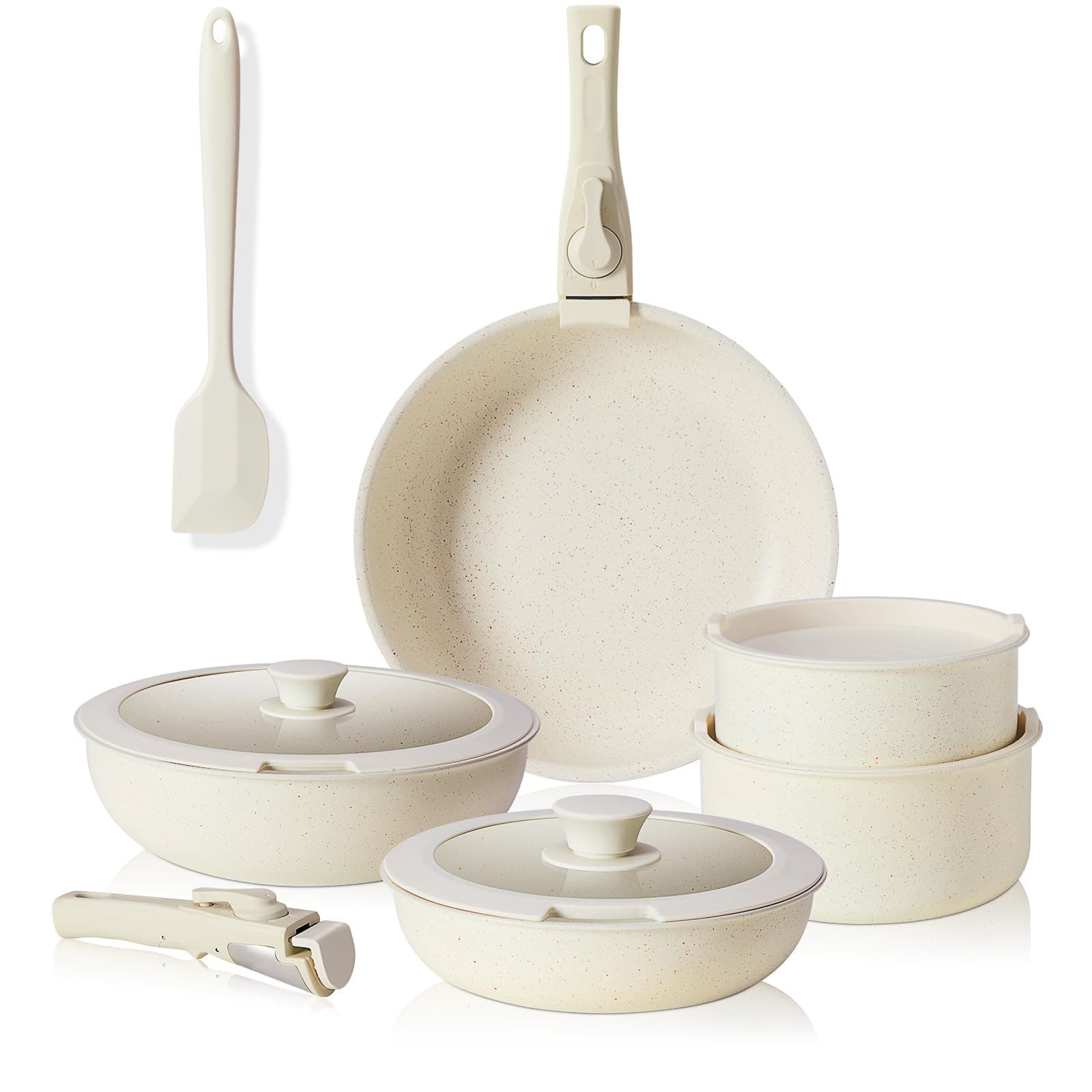 12 Pcs Pots and Pans Set Nonstick - Kitchen Cookware Set with Detachable Handle, Induction Cookware, Dishwasher Oven Safe, (Beige)