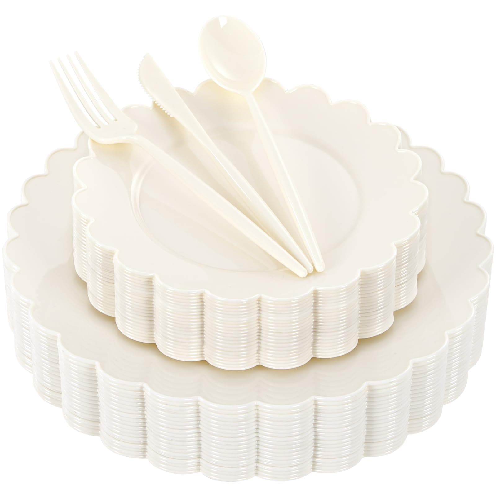 WONDERFUL 150 Pcs Ivory Plastic Plates for Party Disposable Heavy Duty Thanksgiving Plates Ivory Plastic Dinnerware Sets for 30 Guests - 60 Disposable Plate 90 Silverware Sets Scalloped Vintage Design