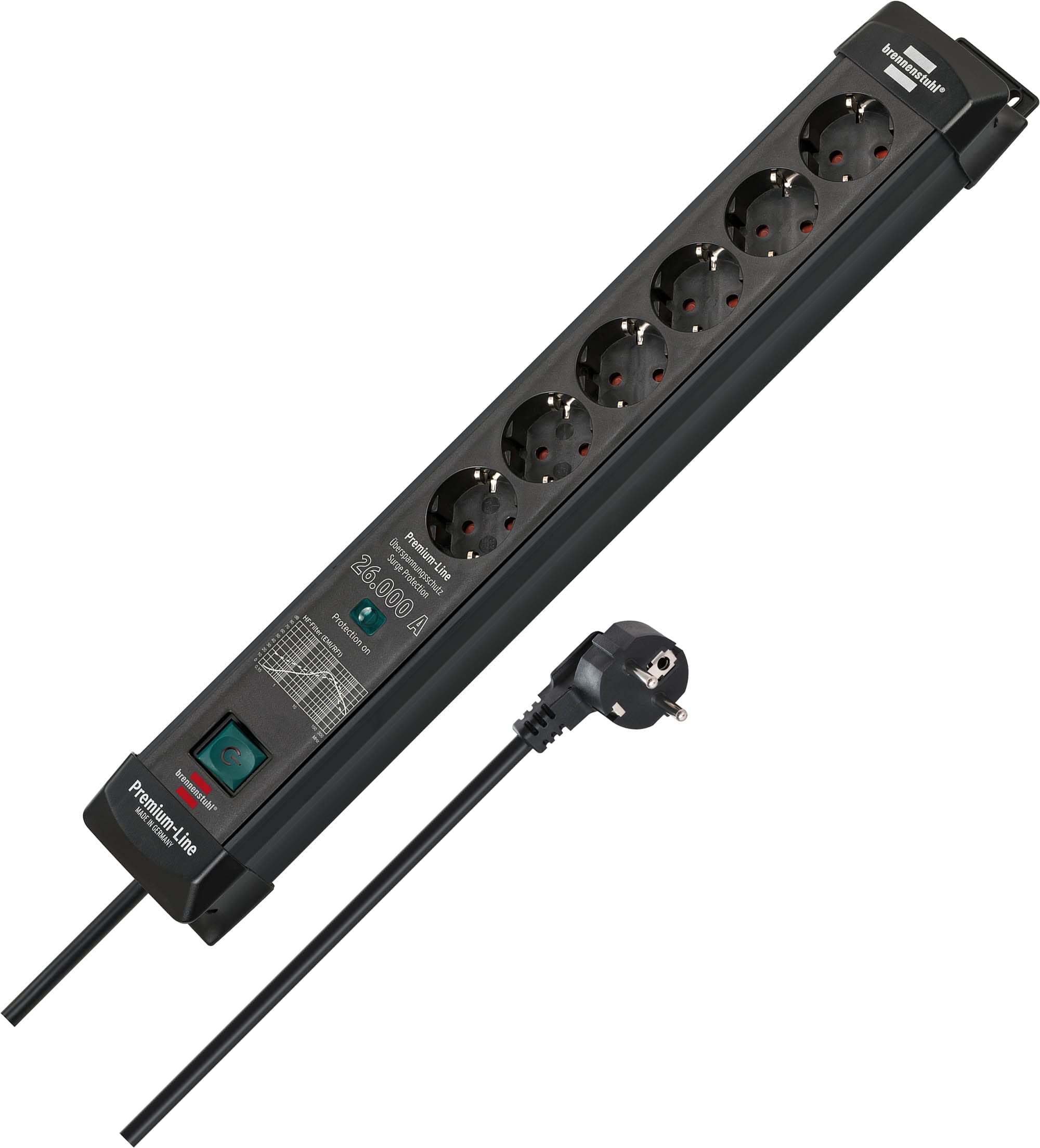 Brennenstuhl Premium-Line regleta enchufes de 6 Tomas con protección contra sobretensiones hasta 26.000A (Cable de 1,8m, Interruptor, protección sobretensión, montable, Fabricado en Alemania) Negro