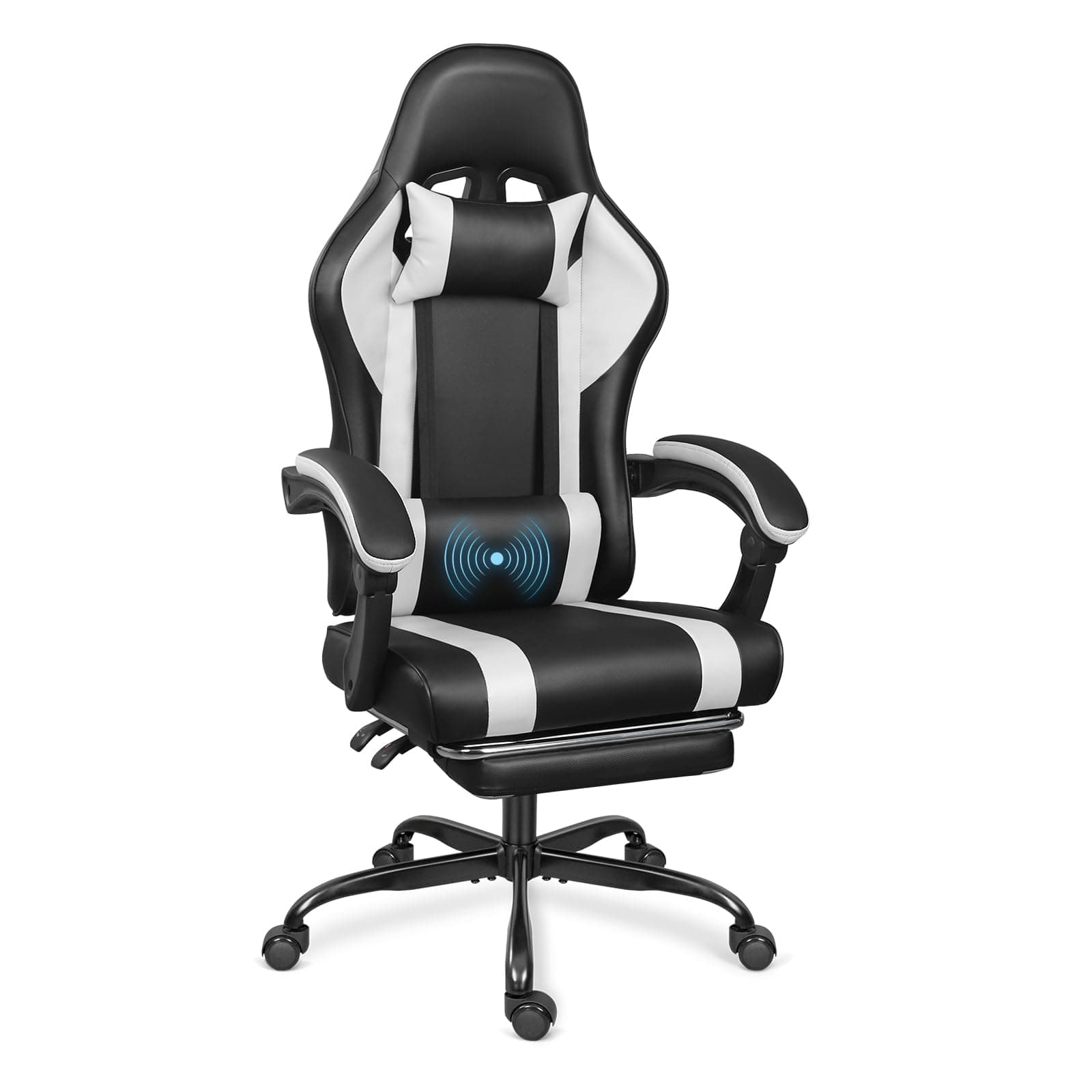 ErgoDesign Gaming Chair with Footrest and Massage Lumbar Support, Height Adjustable Game Chair, Video Gaming Chair for Gaming Room, Living Room and Office - Black/White