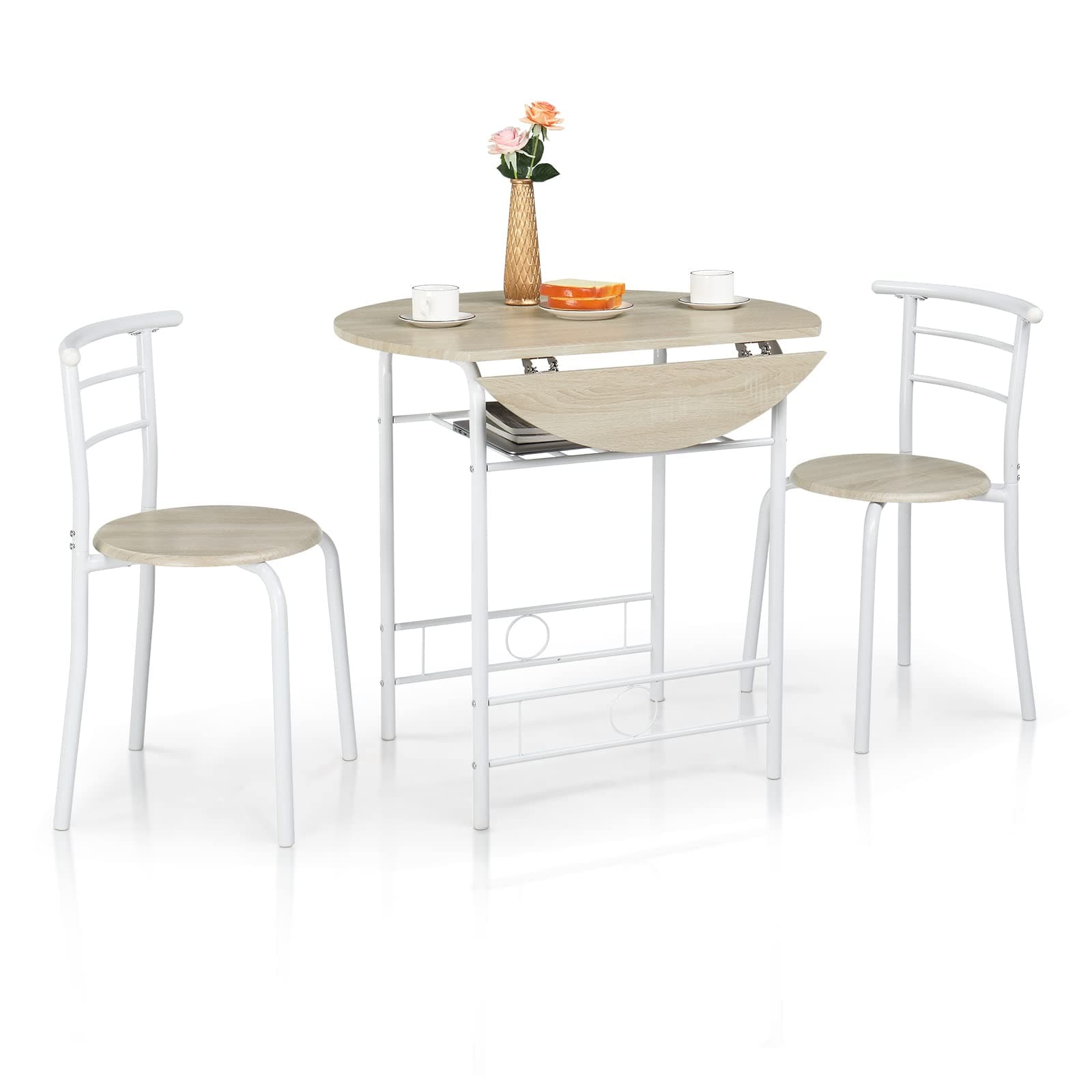 VINGLI 31.5" Drop Leaf Dining Table for Small Space,Small Kitchen Table Set for 2,Round Folding Table with 2 Chairs for Home,Kitchen,Apartment,White&Oak