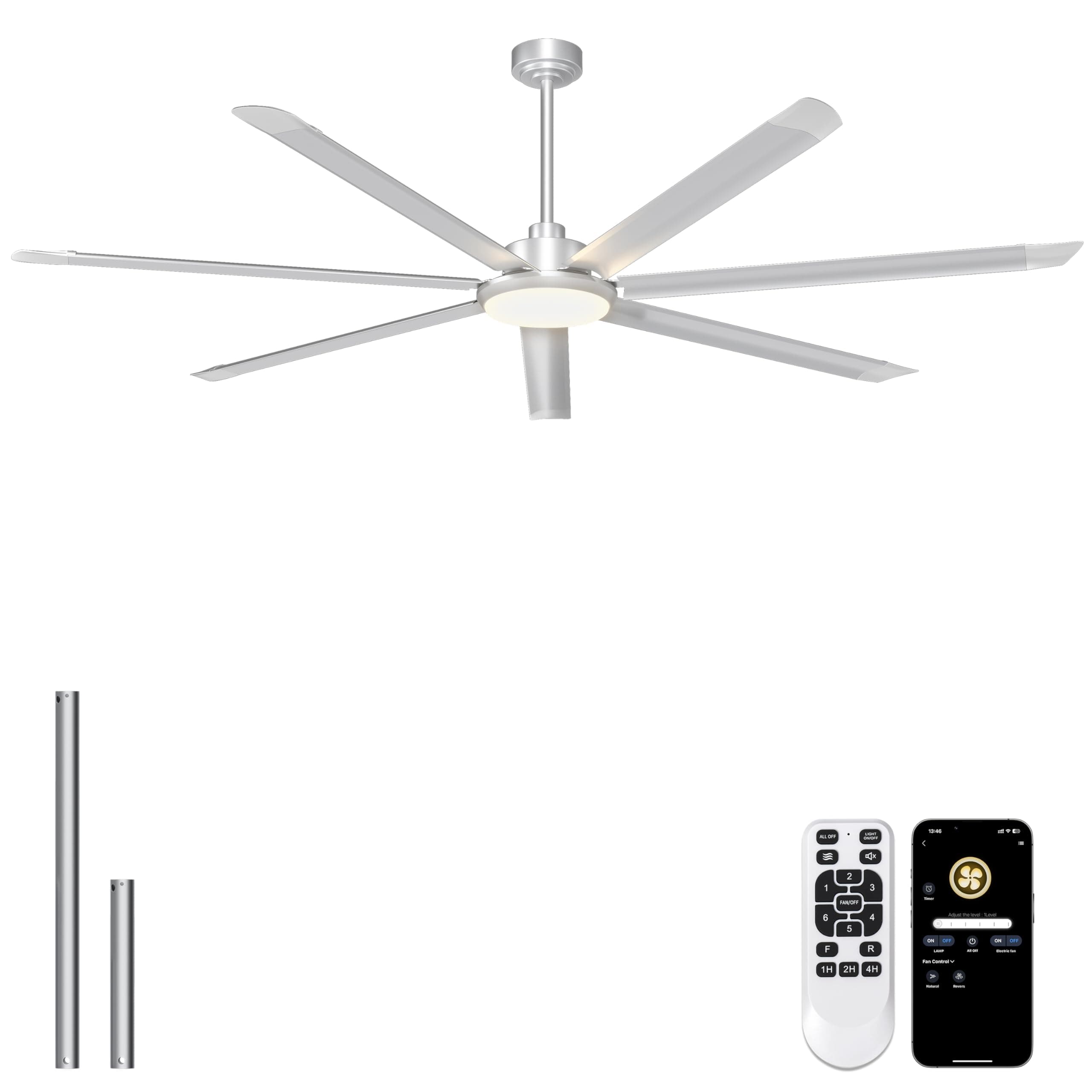 Ohniyou 84'' Industrial Ceiling Fan with Light for Shop, Garage, Silver