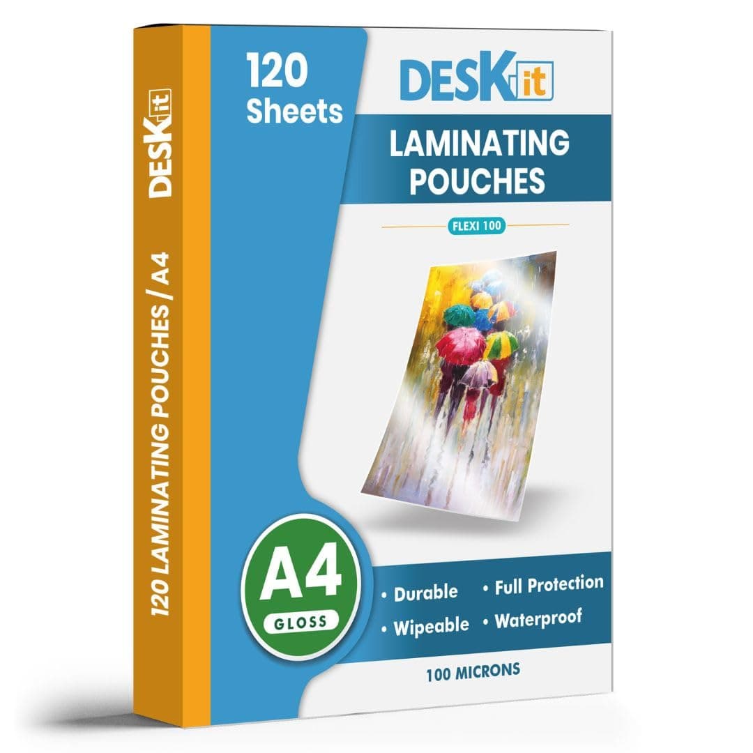 Deskit Laminating Pouches A4, Glossy, 120 Sheets, 100 Microns - Clear and Durable Presentations - Flexible Rigidity for Everyday Use