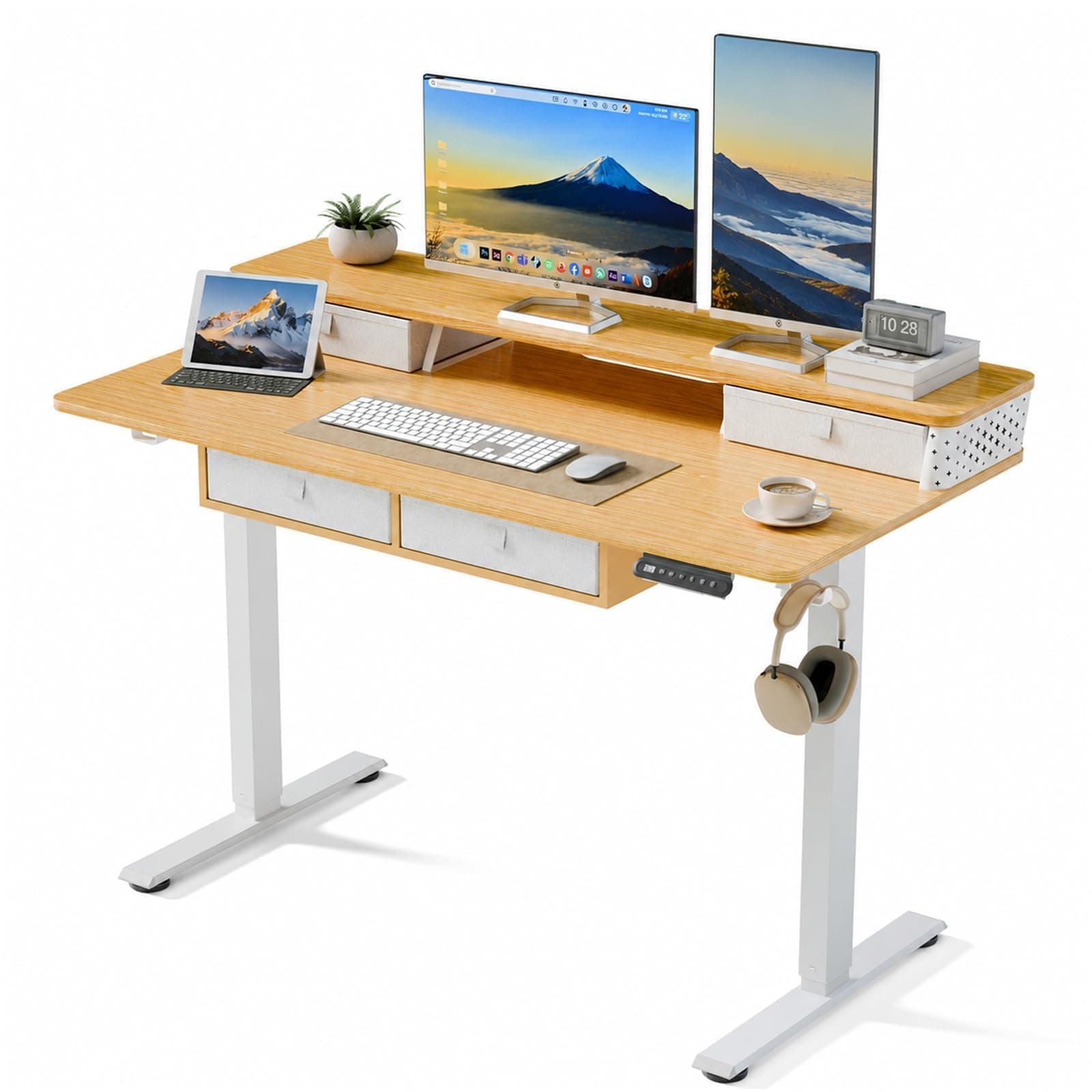 Kingant 48x24 Inch Electric Standing Desk with 4 Drawers, Nature