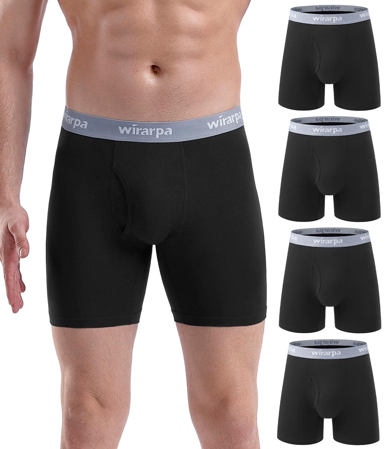 wirarpa Men's Underwear Trunks Cotton Stretch Boxer Shorts Open Fly Tagless Underpants for Men Regular Leg 4 Pack Black Size M