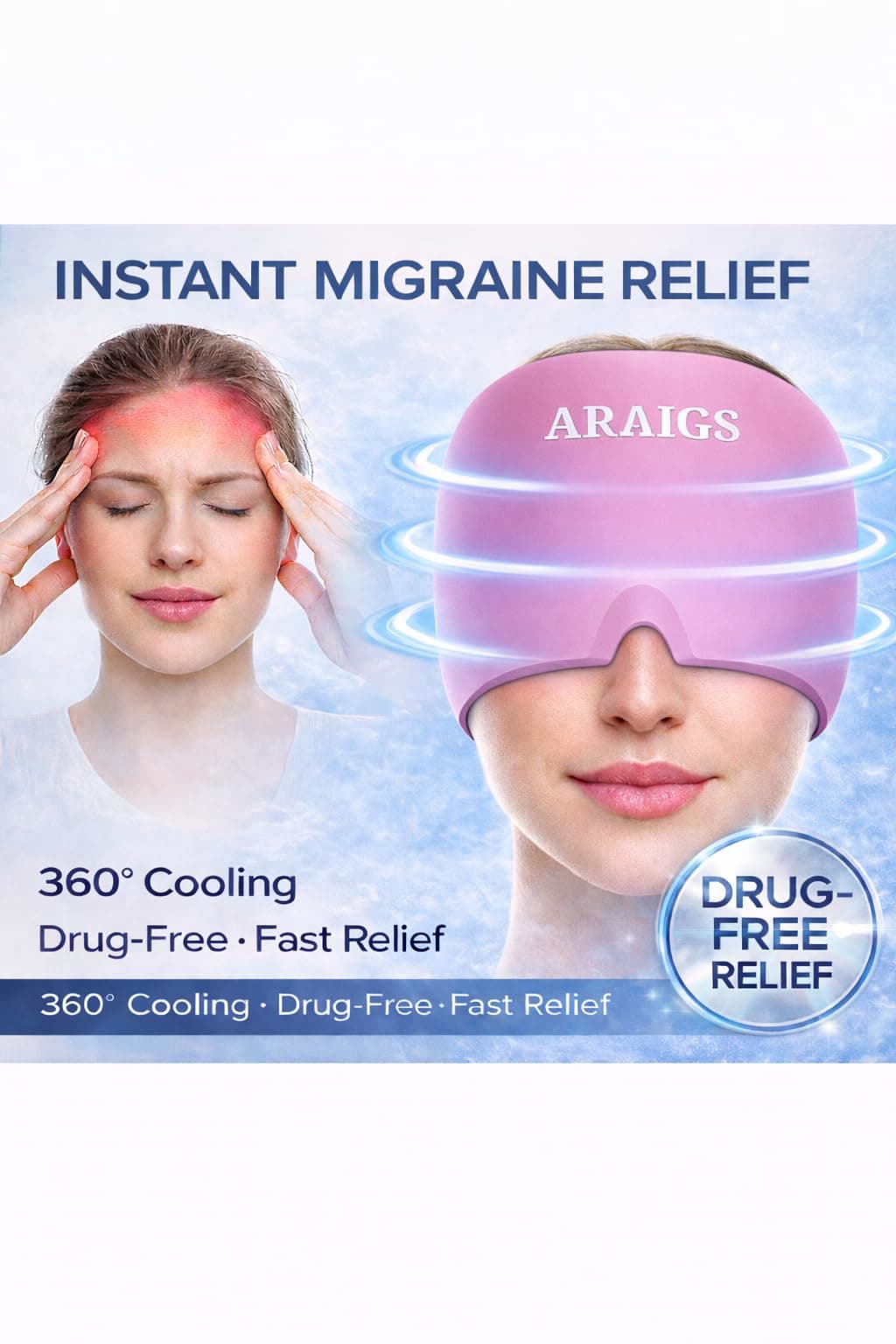 Migraine Relief Hat - Hot & Cold Therapy Head Wrap for Headaches, Stress Relief, Reusable Gel Pack, 360 Coverage, One Size Fits All, Pink
