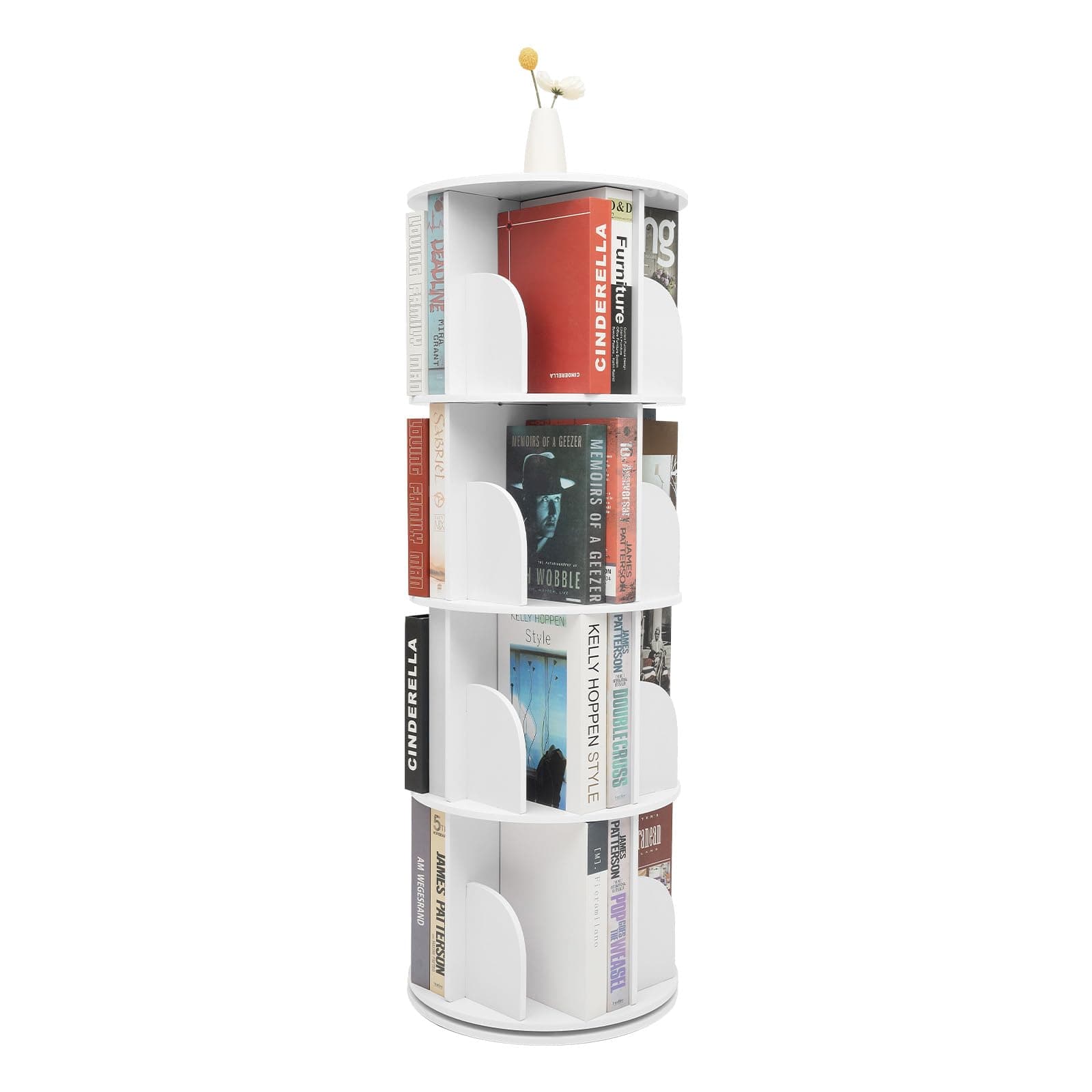 4 Tier Rotating Bookshelf Tower, Spinning Bookcase, Revolving 360 Book Shelf Storage Round Carousel, Vertical Rotate Turning Spiral Corner Organizer for Office Home Living Room White