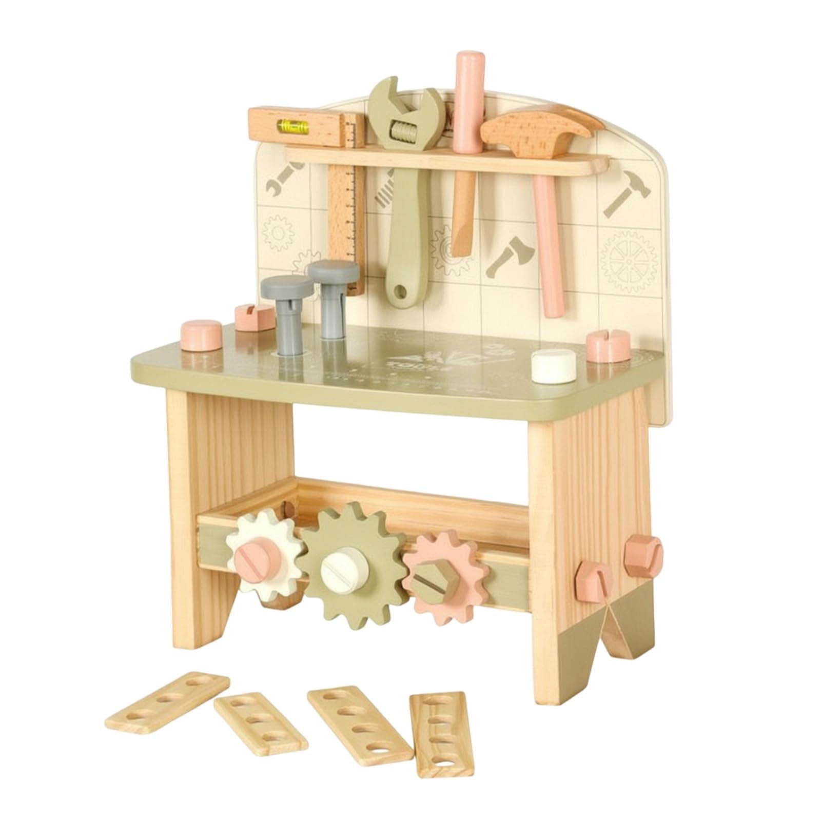 Kokiya Toy Wooden Toy Workbench Tool Set Kids Workbench Pretend Play Bench with Compact Footprint Wood Material Suitable for Toddlers Preschool classrooms playrooms Nurseries