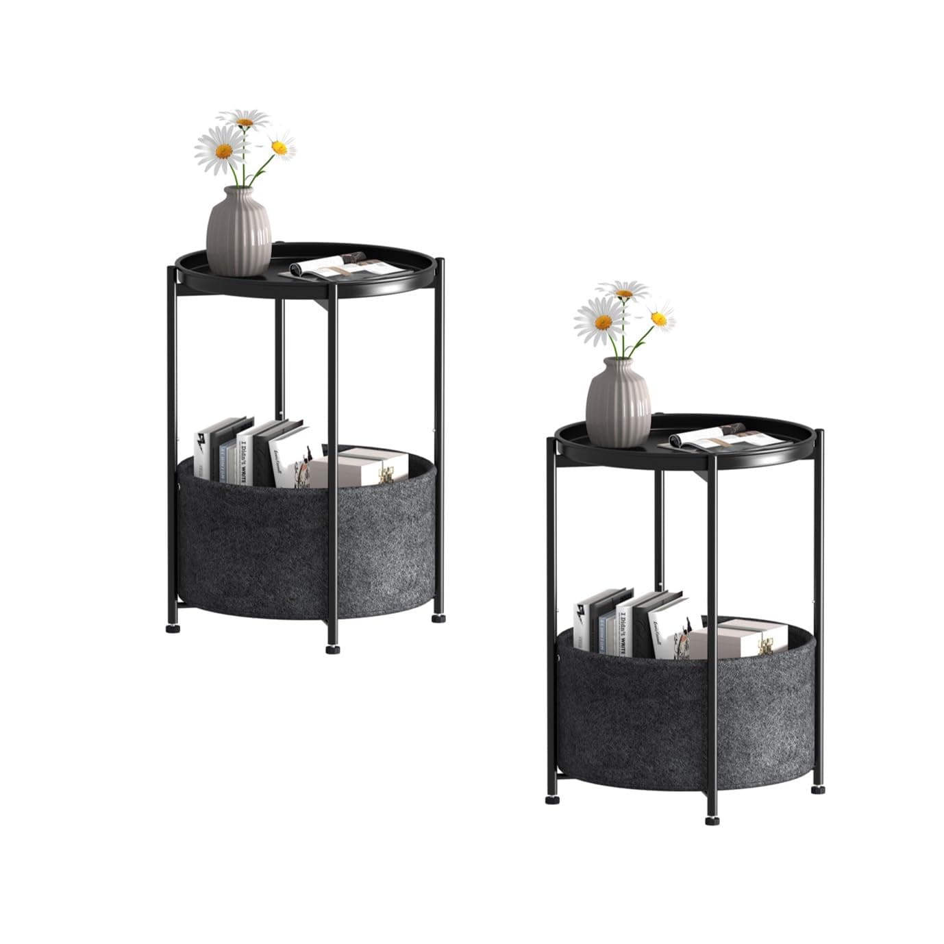 Garden 4 you Small Side Table, Mini Round End Table, Black Tray Table with Fabric Storage Basket, Modern Nightstand for Living Room, Bedroom, Patio, Small Space, 2pcs