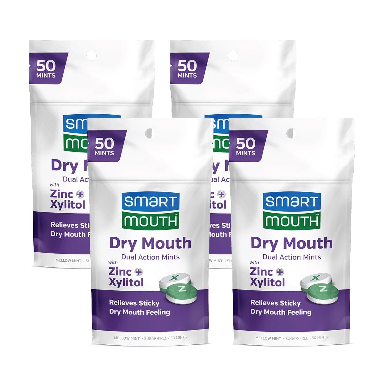 SmartMouth Dry Mouth Dual-Action Mints - Sugar-Free for Dry Mouth Support - with Zinc & Xylitol - Travel-Friendly Packaging for On-the-Go Oral Care - Mellow Mint - 50 Count, 4-Pack