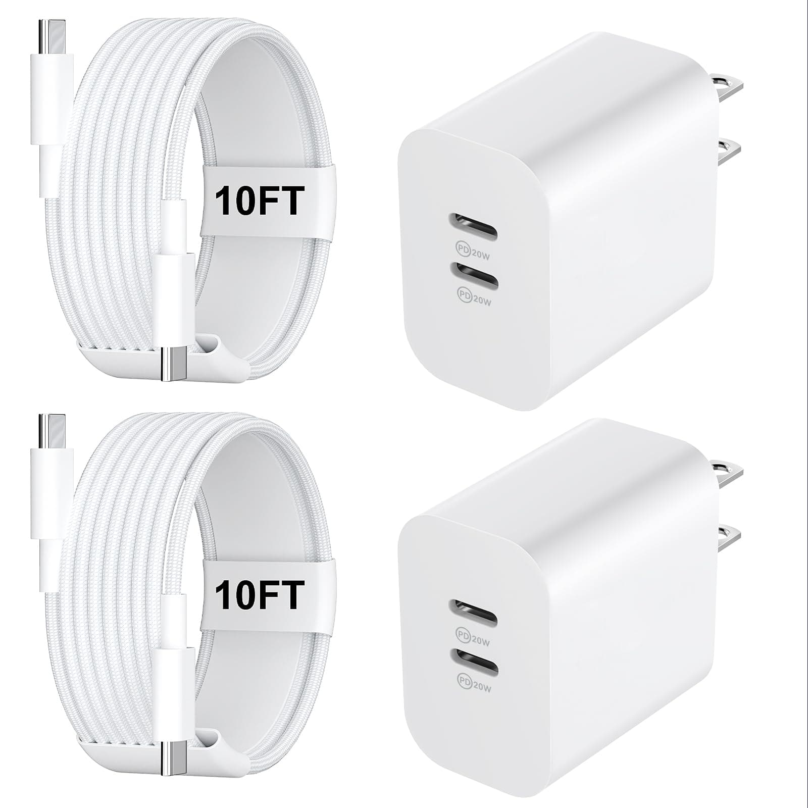 Fast Charger for 15 16 17 Pro Max, 10FT Nylon Braided USB C to C Charging Cable Cord & 20W Dual Port USB C Fast Charger Block for Phone 17 16 15 Pro Max/17 16 15/15 Plus,Android Phone-White