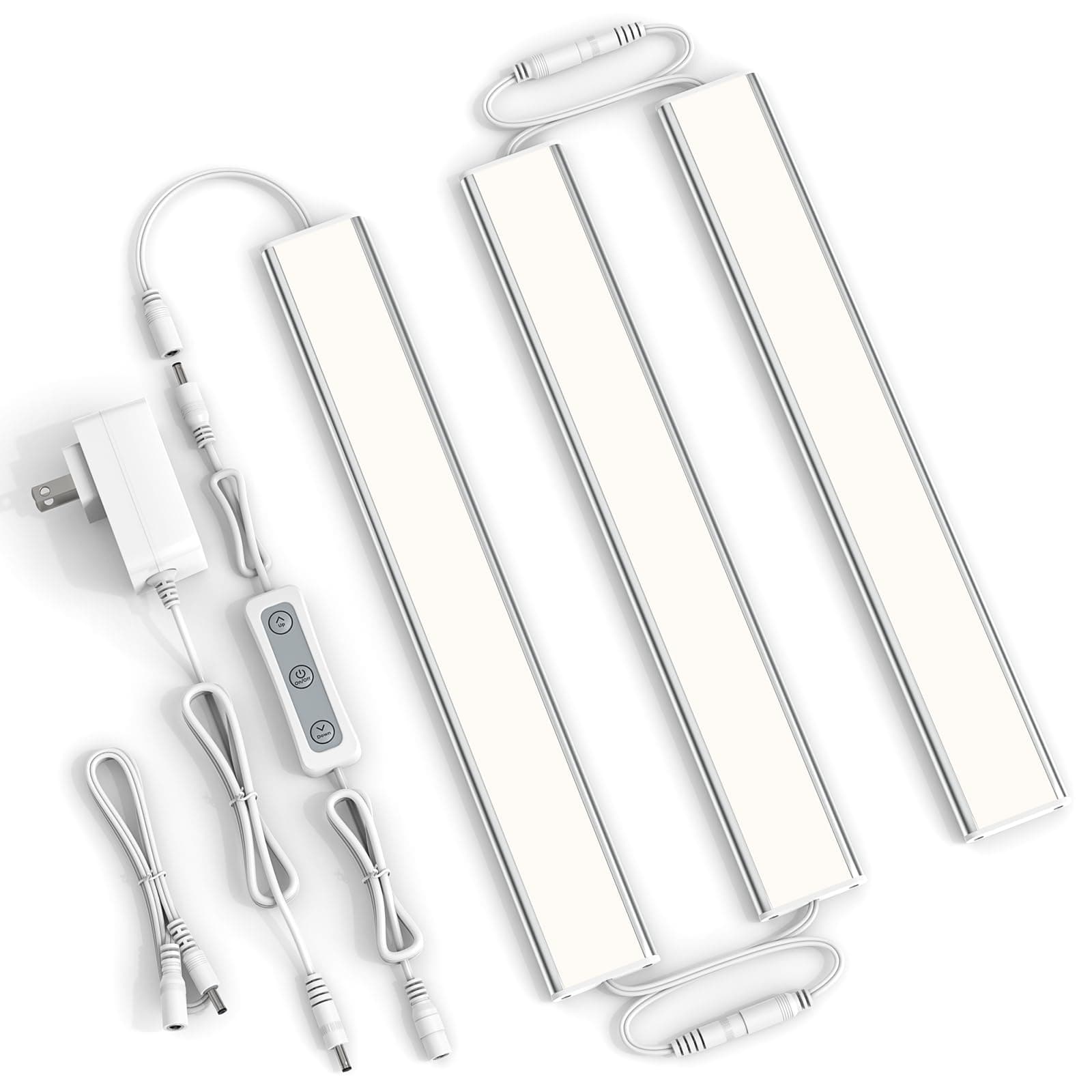 ASOKO Under Cabinet Led Light Plug in, Dimmable Daylight White 4000K, 3 Pack 12 inch Linkable Led Under Counter Lights 1500lm for Kitchen, Shelf, Workbench, Cupboard, Upgrade ETL Listed Plug 24V