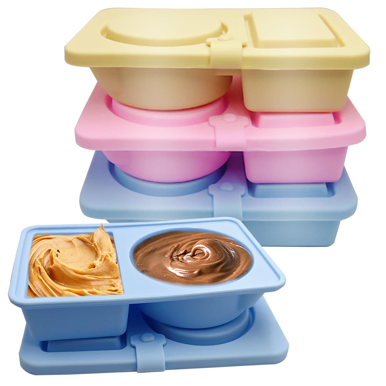 MdakeGo 3 Pack Silicone Snackle Containers with Lids, Reusable 2 Compartment Snack Box Containers
