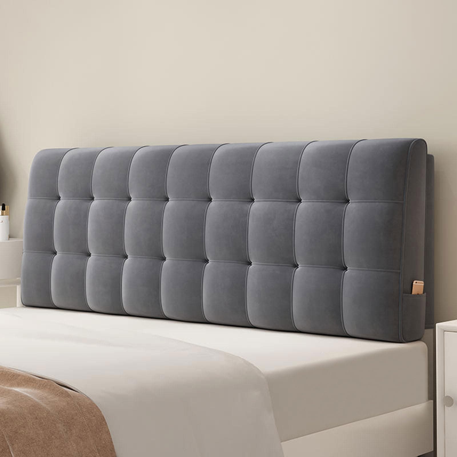 Plush Headboard Cushion Double Single King Size Upholstered Bed Headboards Covers Thicken Anti-collision Backrest Support Reading Pillows Protector Dust Cover Washable(No headboard-200x60x10cm,Gray2)