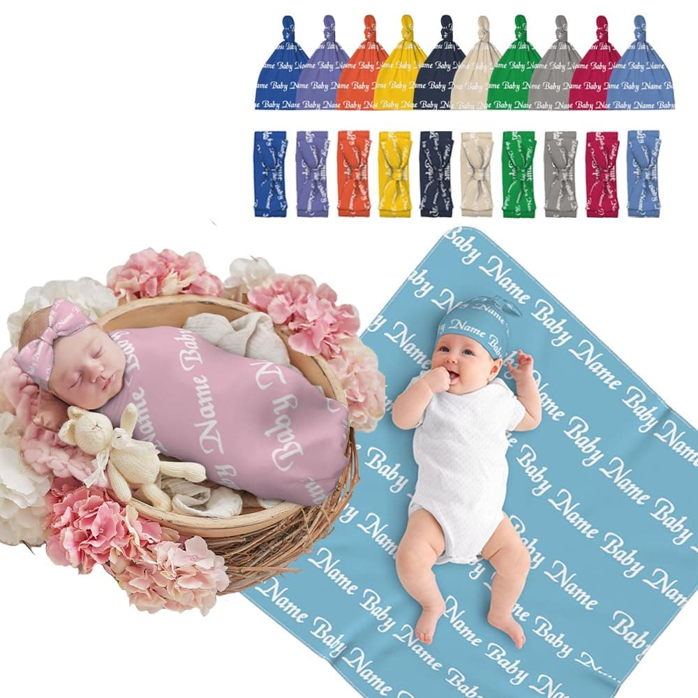 TAFSGEUI Custom Personalized Newborn Swaddle Set for Baby Girl,Baby Boy Customized Name Swaddle with Hat and Headband Light Blue