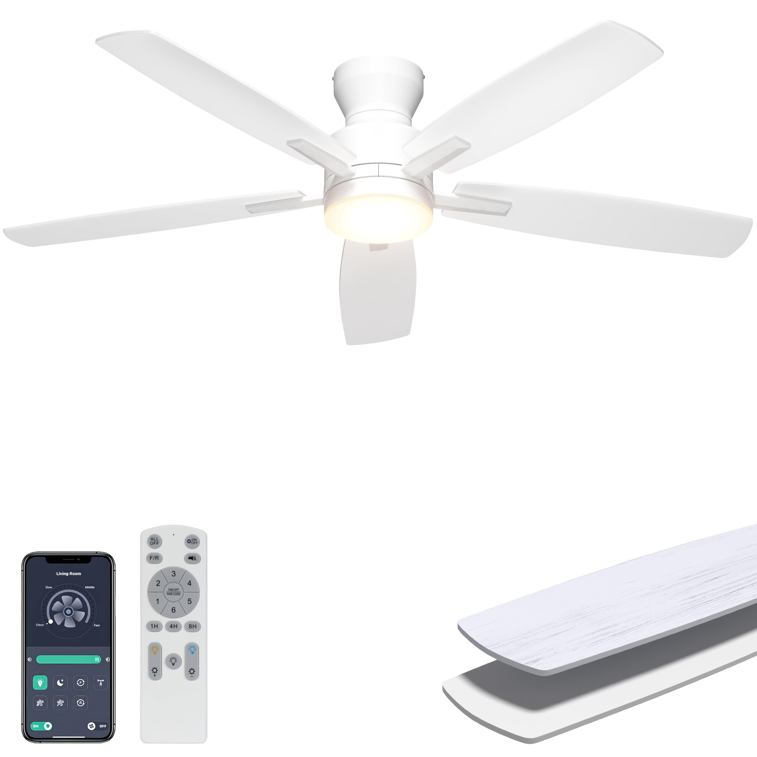 Ohniyou 52'' Ceiling Fan with Lights: Smart Fan with remote & APP Control - Low Profile Ceiling Fan with Quiet Performance - Flush Mount Outdoor Ceiling Fan (White)