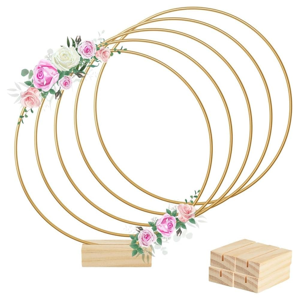 Suapouen 12in Metal Floral Hoop Centerpiece Ribbon Wood Stands Fit for Table Decoration DIY Wedding Decoration Wall Hanging 5PCS