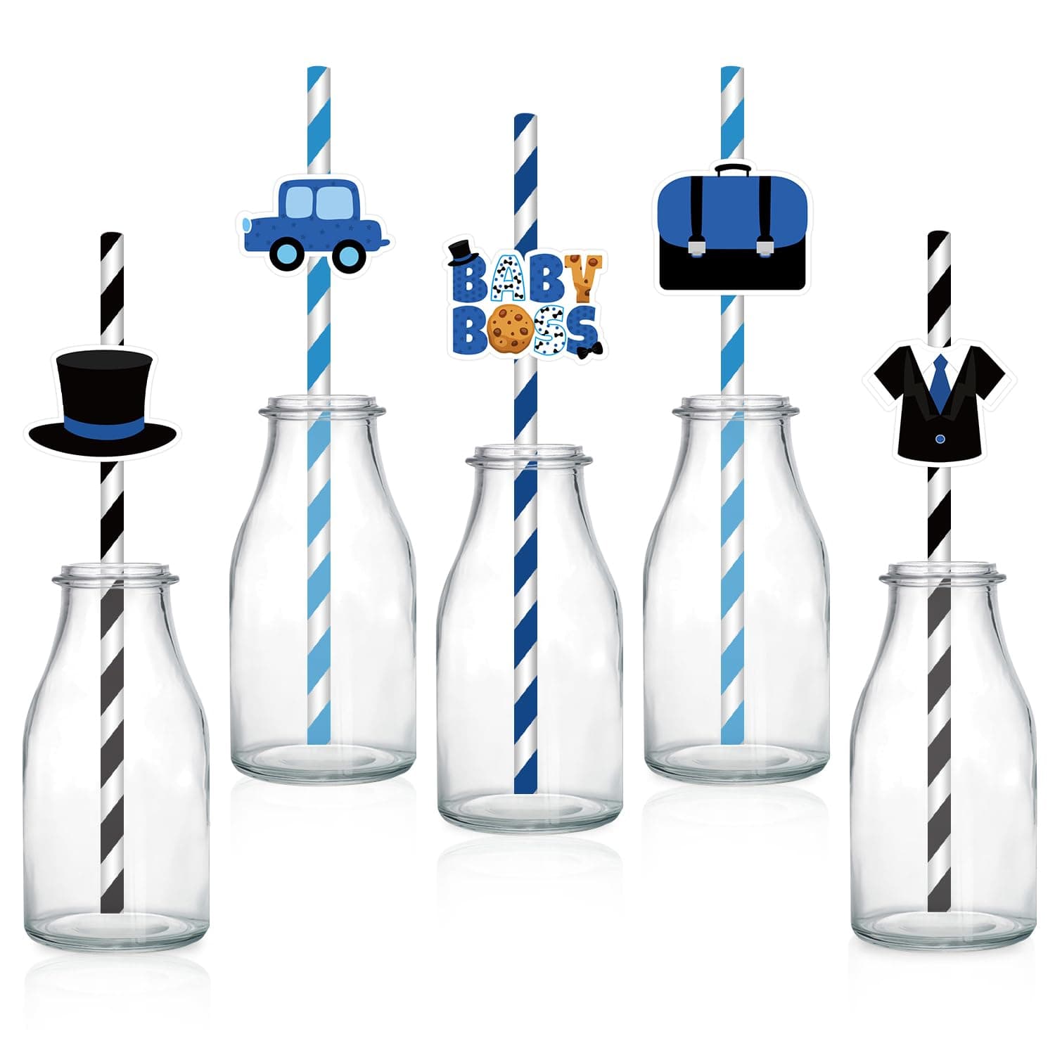 50Pcs Boss Paper Straws for Drinking, Boss Boy Baby Theme Party Favors Happy Bossday Straws Blue Black Double Printed for Baby Boy Boss Baby Shower 1st Birthday Gender Reveal Party Favors Supplies