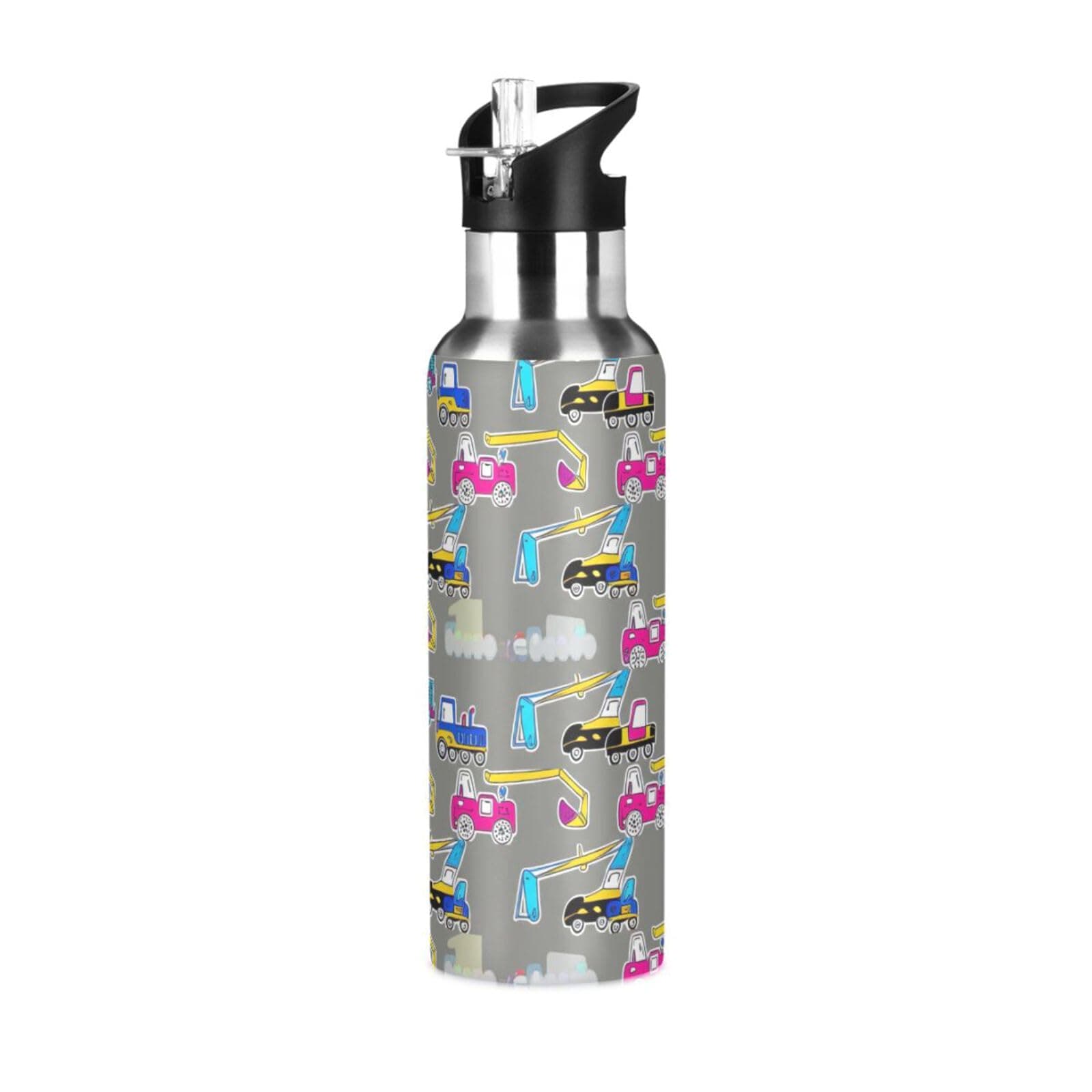 Cute Construction Vehicles Gray Insulated Stainless Steel Water Bottle with Straw 32 Oz, BPA-Free Sport Water Bottle Leakproof Water Bottles