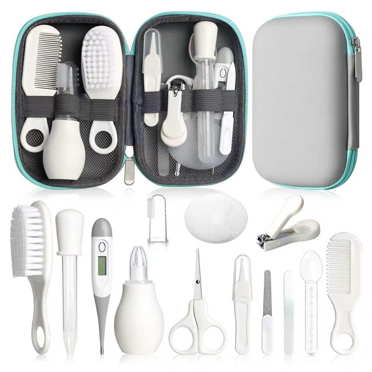 Juego de cuidado de seguridad infantil con cepillo para el pelo, peine y cortaúñas, kit esencial para bebés para recién nacidos, niñas y niños (gris blanco)