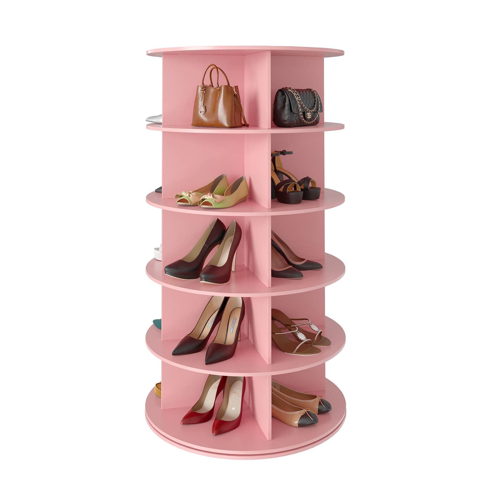 SpaceAid 5 Tier Rotating Shoe Rack Tower, Spinning Shoe Display Lazy Susan, Revolving 360 Shoe Rack Storage Round Carousel, Vertical Handbag Rotate Shoes Closet Organization (5-Tier Pink)