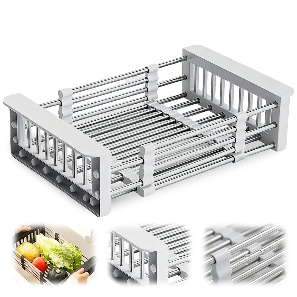 SUNKIM Extend Kitchen Sink Drain Basket, 2026 New Retractable Kitchen Sink, Adjustable Dish Drying Rack with Stainless Steel Drain Basket for Kitchen (Gray, Small)