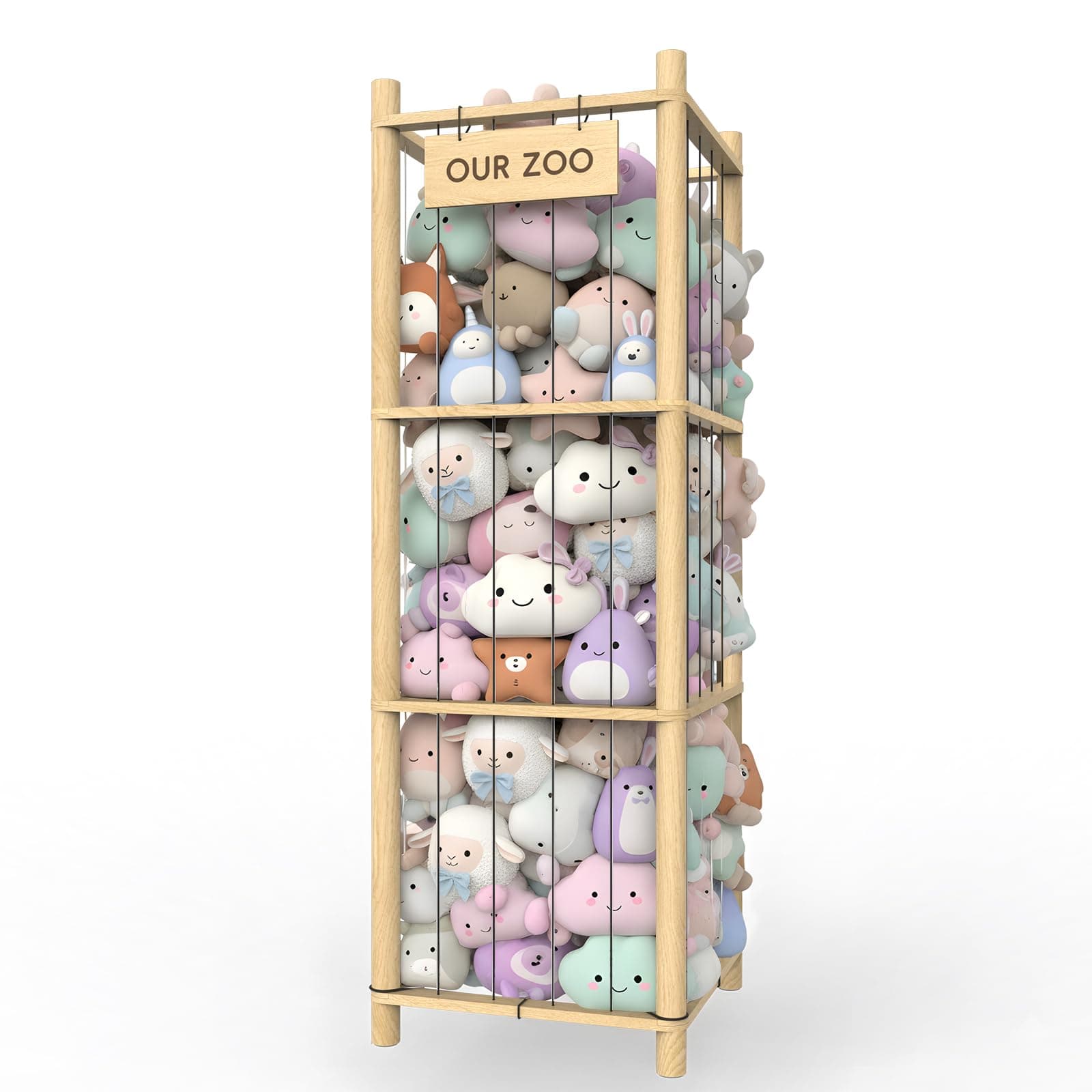 Stuffed Animal Storage & Organizer, Wooden Eco-Friendly Toy Holder with Elastic Ropes & DetachableBag, Fun Interactive Plush Toy Storage, Easy Assembly Durable Organizer for Nursery, Bedroom &Playroom