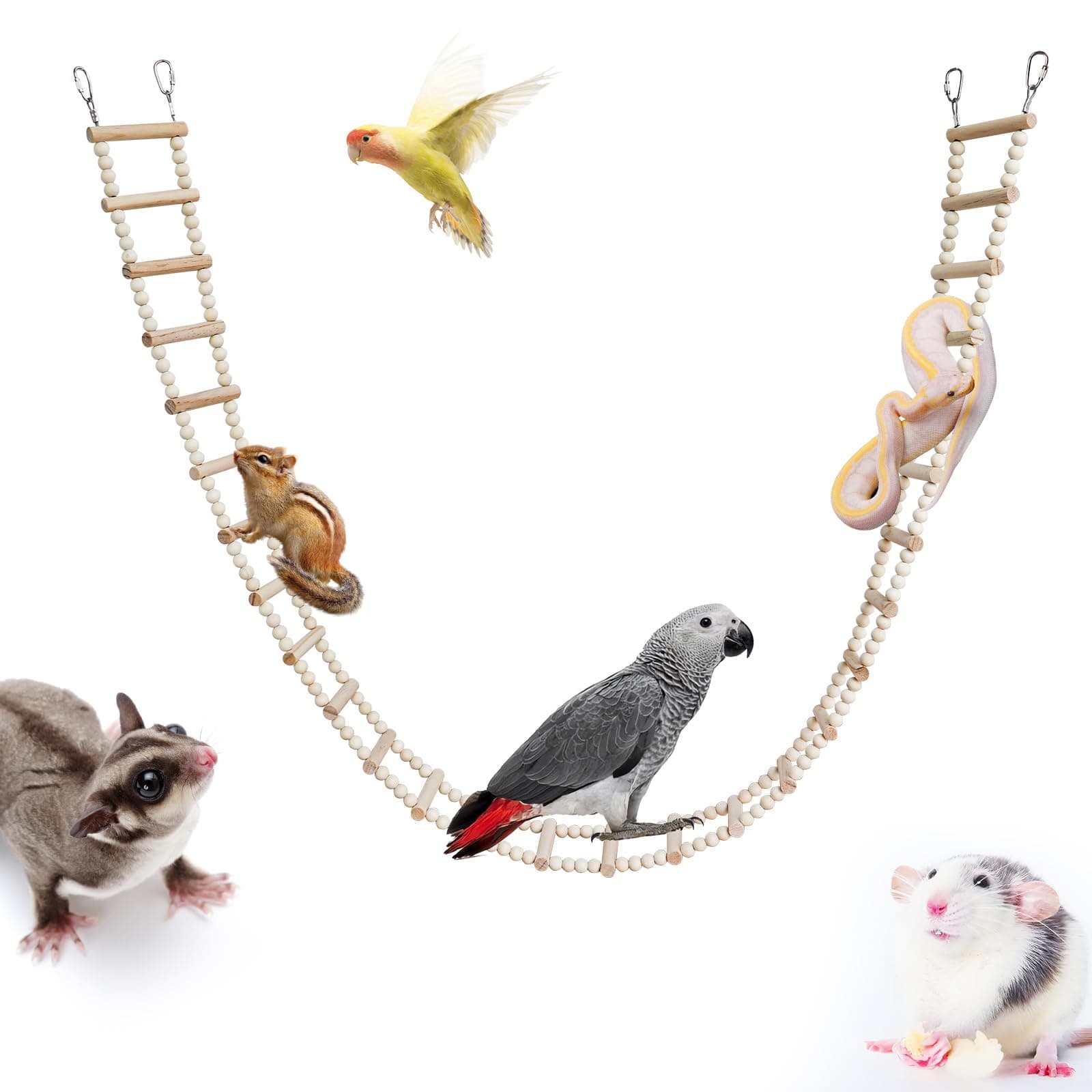 Long Bird Ladder with Wooden Rungs and Beads, Parakeet Climbing Swing Toys, Bird Cage Accessories, Wooden Climbing Bridge Toys for Parrots, Rat, Sugar Gliders, Squirrels, Snakes