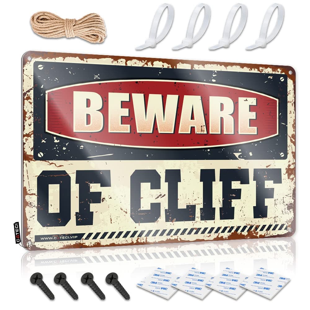 Abipuir Vintage Bar Decor Beware of Cliff Tin Sign BBQ Signs Outdoor Pool Zone Tin Sign (Size : 20X30CM)