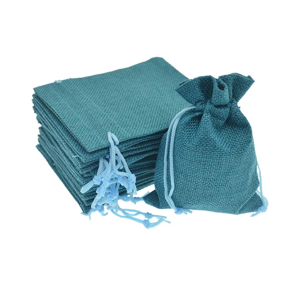 Bezall 50Pcs Burlap Bags with Drawstring, Small Linen Gift Bag Jute Jewelry Pouches Sacks for Wedding Favors, Party, DIY Craft (Peacock Blue, 3.9 x 5.5)
