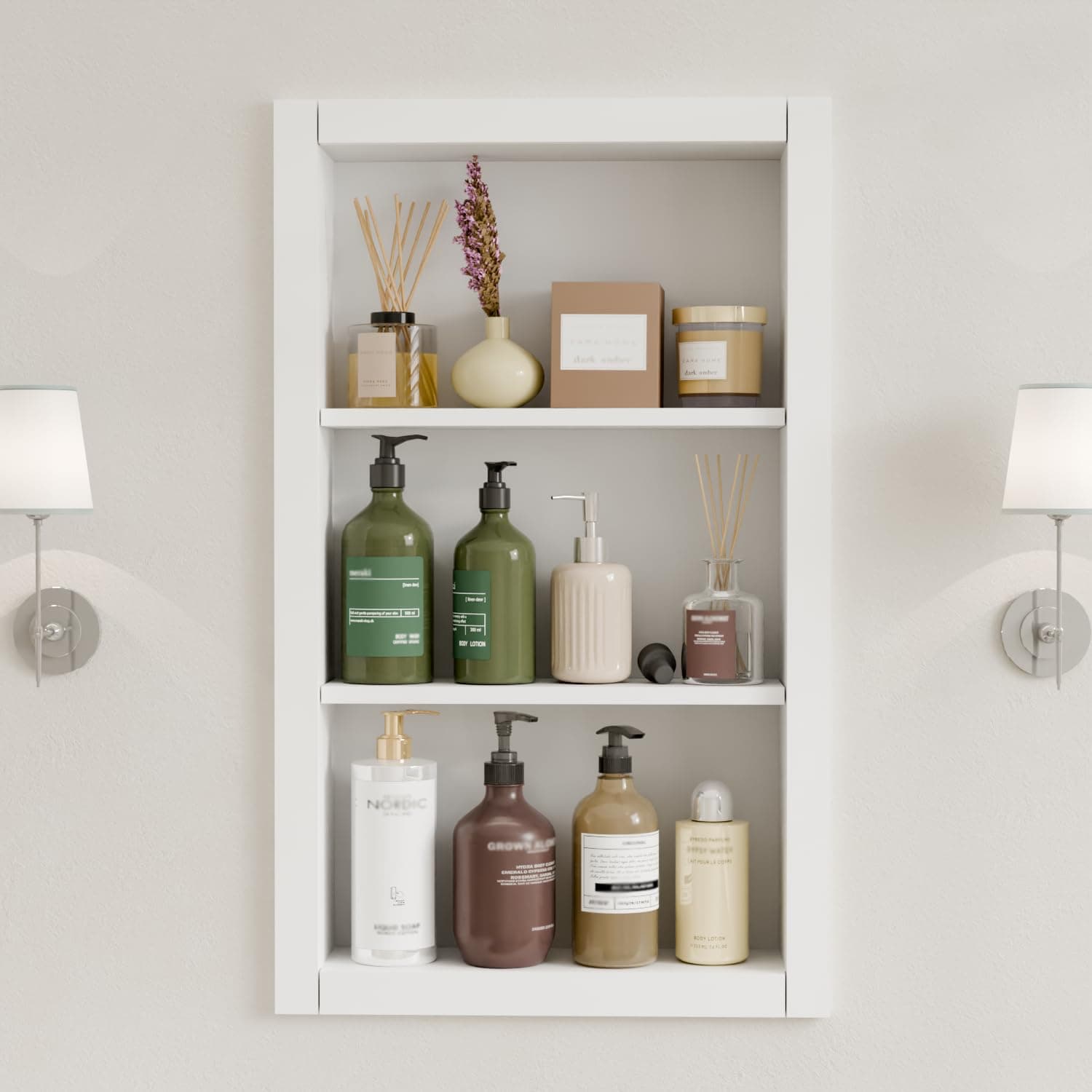 HAIDAIYA 14'' * 24'' Recessed Medicine Cabinet Wall Niche Wood, 3-Tier Bathroom Niche Insert for Drywall, in Wall Shelf Medicine Cabinets Replacement, for Living Room, Bathroom Storage, White
