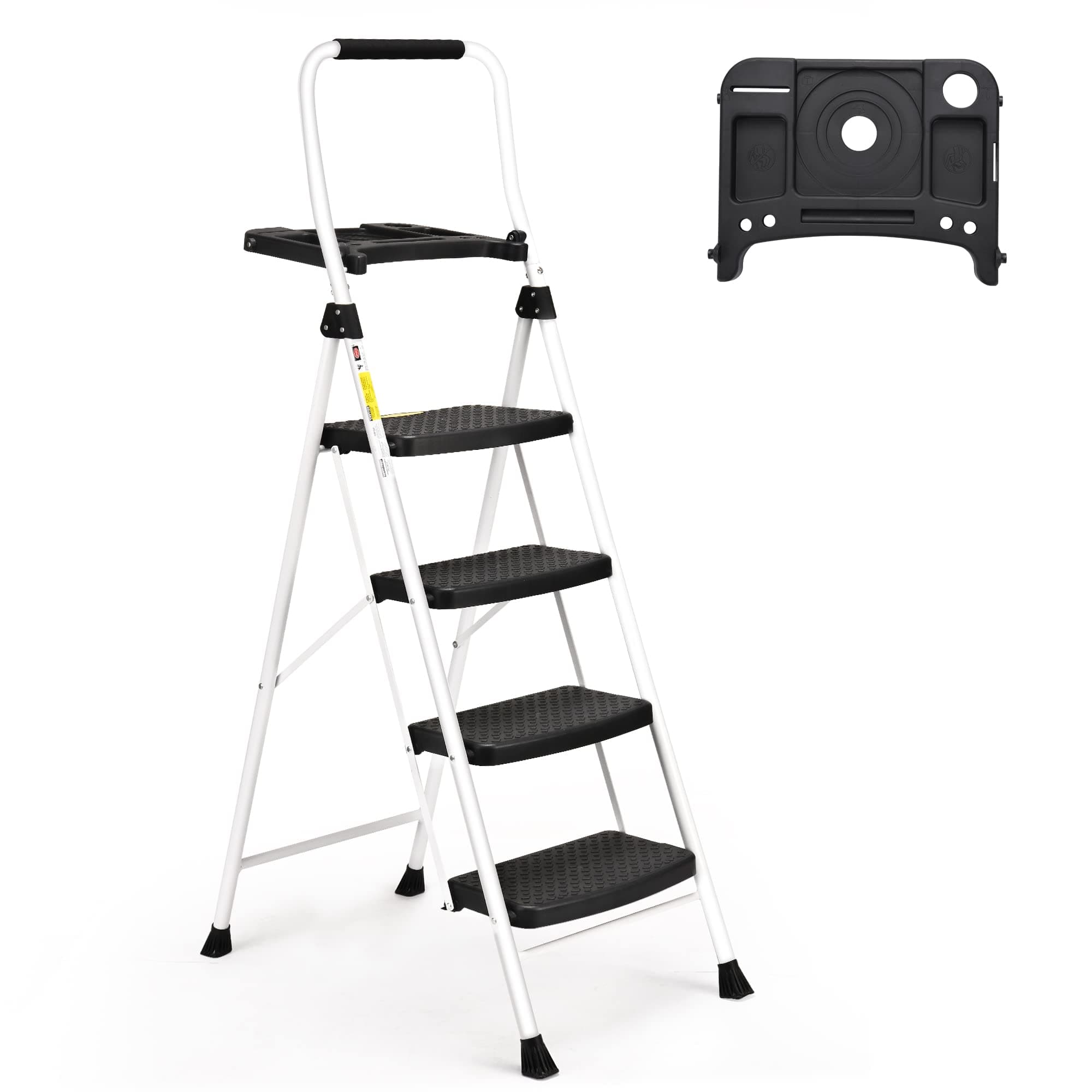 SocTone 4 Step Ladder, Folding Step Stool with Tool Platform, Sturdy& Portable Steel Ladder for Adults, 330LBS Capacity Ladder for Home Kitchen Pantry Office.