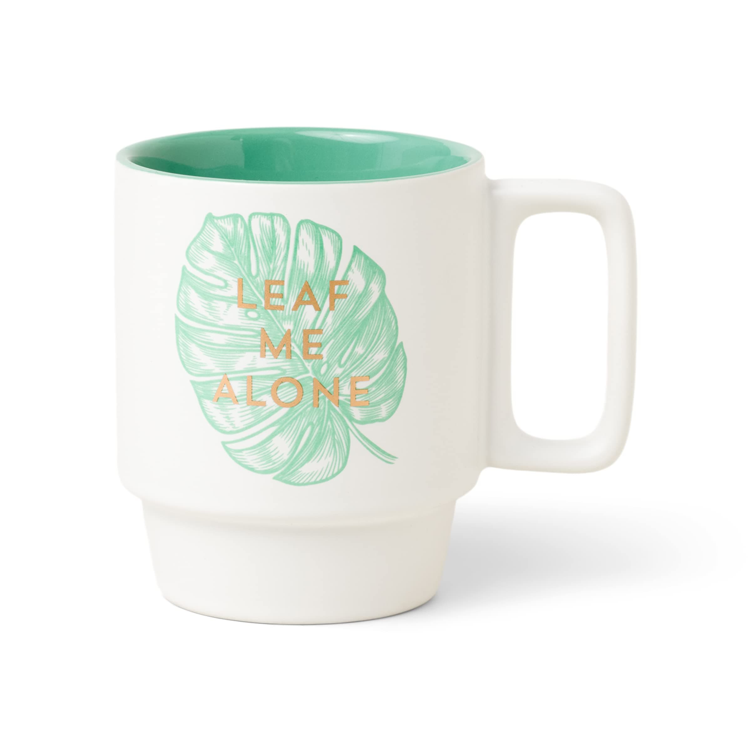 DesignWorks Ink Vintage Sass Stackable Ceramic Mug with Handle, Green Cup with Gold Accents Leaf Me Alone Funny Pun Office Gift Cute Decorative Coffee Mug, 12-Ounce