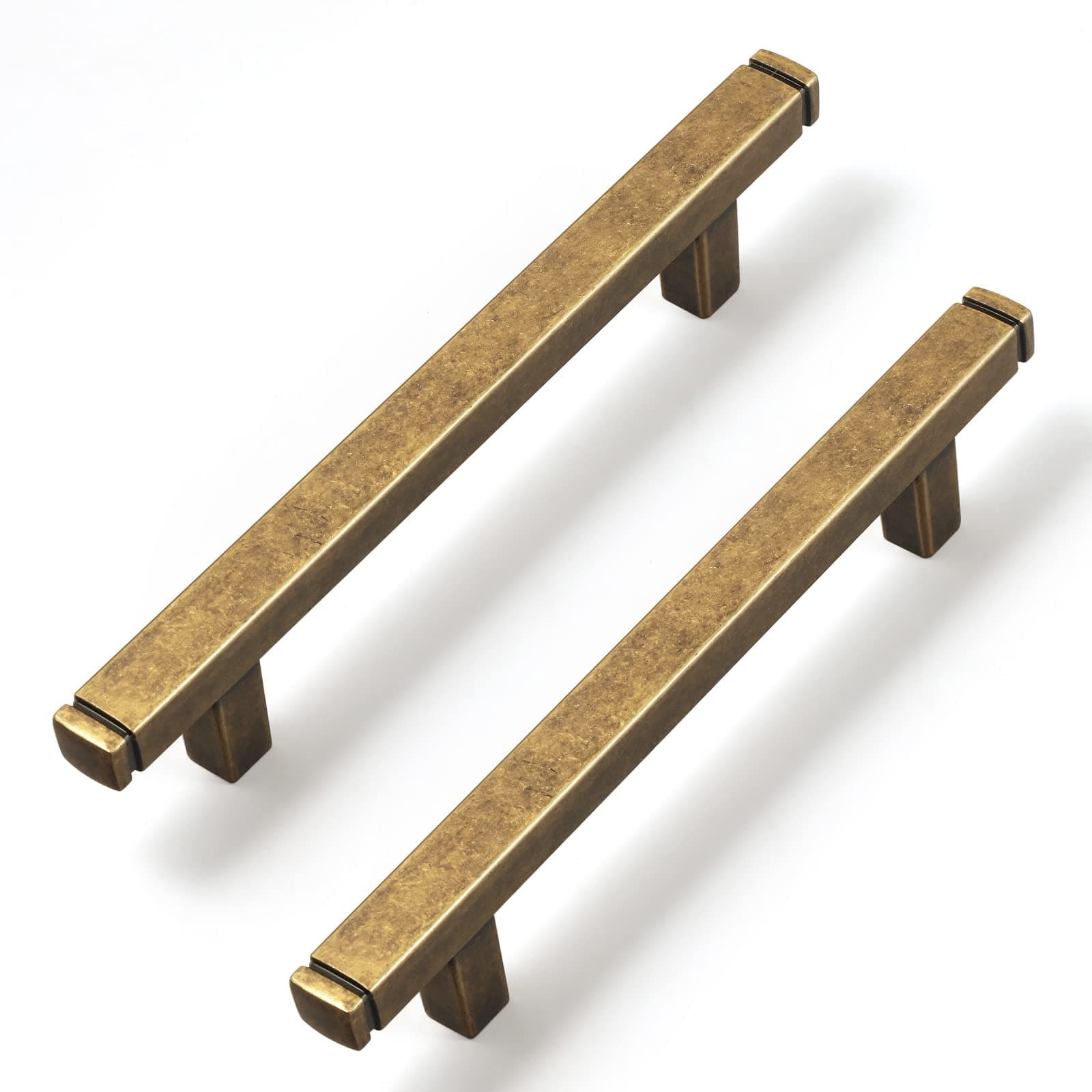 Goo-Ki 6-Pack Vintage Brass Drawer Handles 3-3/4 in(96mm) Hole Centers Straight Bar Pull,Antique Brass Solid Cabinet Pulls for Kitchen Cabinets and Dresser Drawers 1814-GT-96