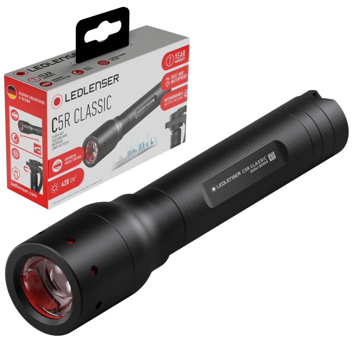 Ledlenser C5R Classic LED Torch Rechargeable, 420 Lumen Super Bright Flashlight, 2 Modes, Adjustable Focus, Water Resistant, Long Battery Life Pocket Torch for Camping, Hiking, Dog Walking, Outdoor