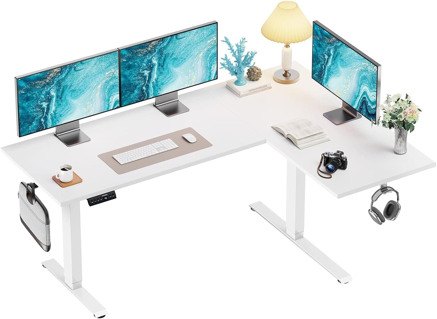 HUANUO Dual Motor 71x48 inch L Shaped Electric Standing Desk with 3 Preset Heights, Electric Height Adjustable Computer Table, 2 Hooks & Cable Tray, Raising Desk for Home Office, White