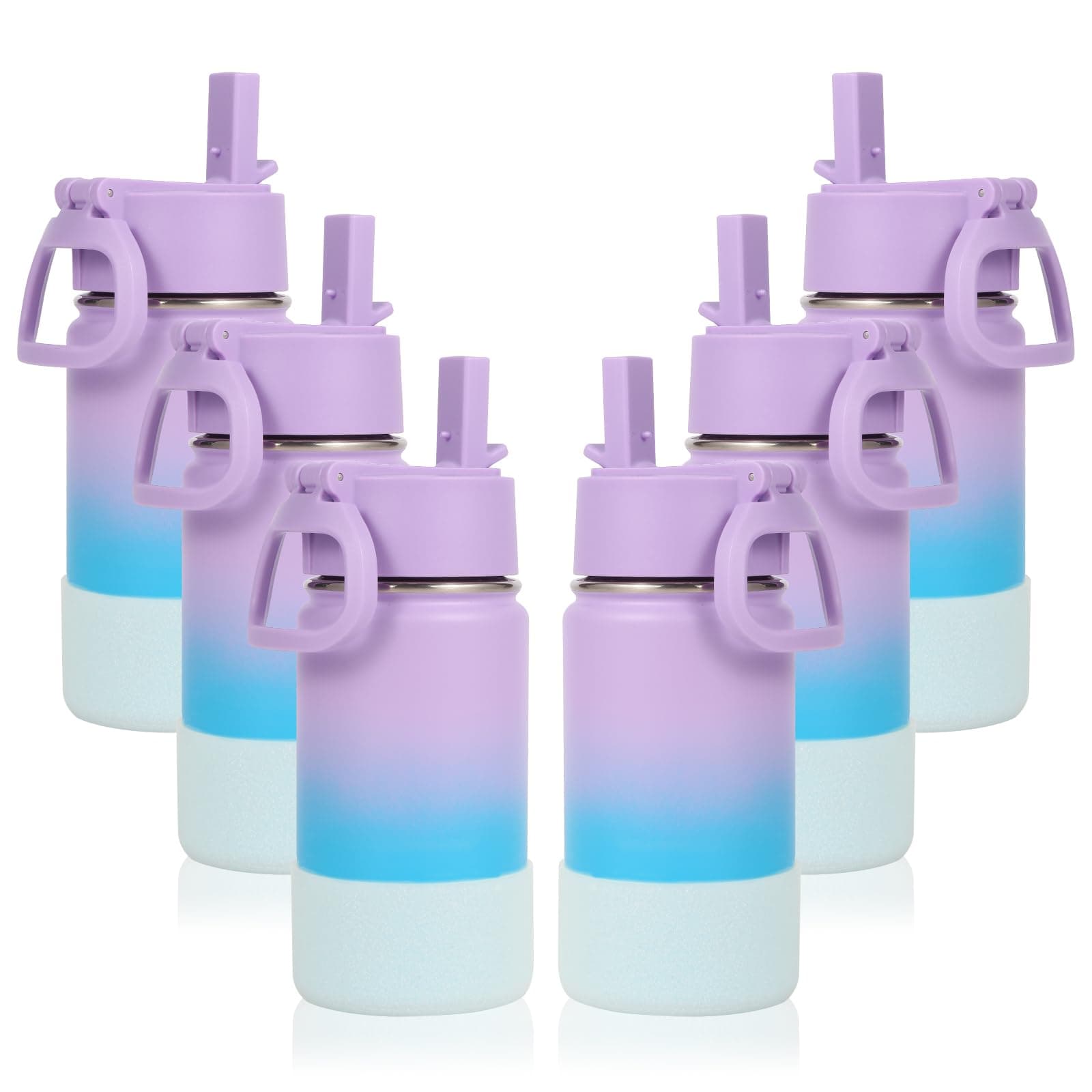 Volhoply 14oz Water Bottle with Straw Lid and Silicone Boot Bulk 6 Pack,Stainless Steel Insulated Flask for Boys & Girls Multipack,Double Wall Vacuum Leakproof Kids Bottles(Lavender Blue,6)