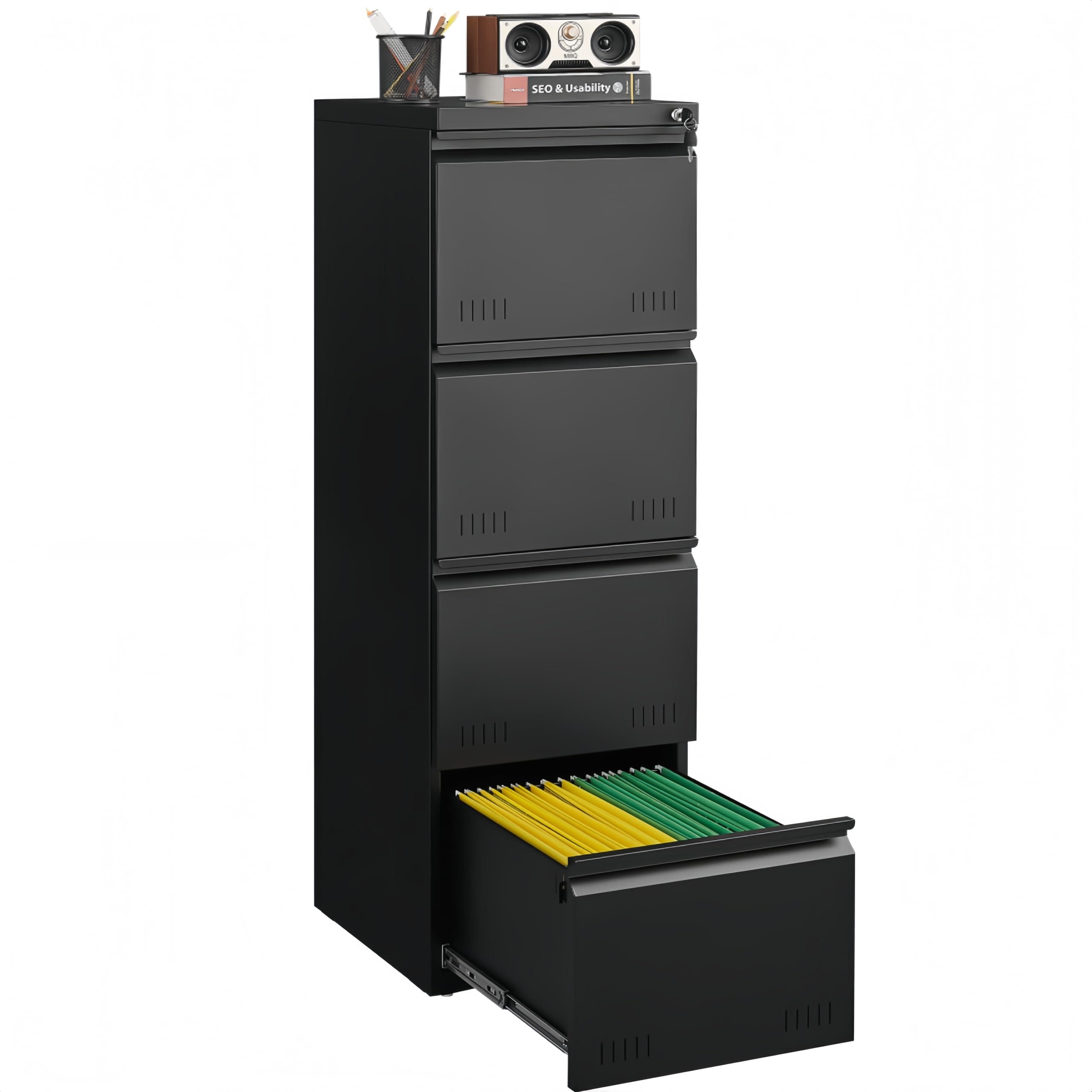 Guizeeopo Metal File Cabinet with Lock, Vertical 4 Drawer File Cabinets for Home Office, Heavy Duty Office Storage Cabinet for A4/Letter/Legal Size, Assembly Required(Black)