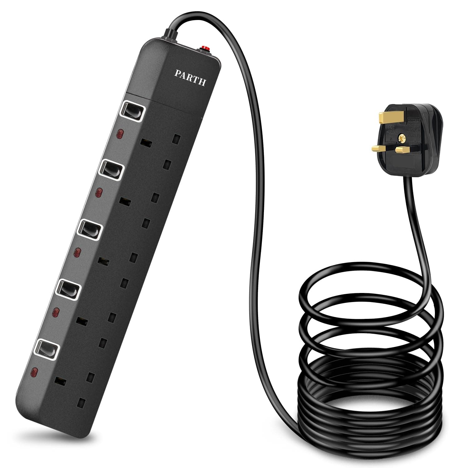 PARTH 5 Socket Extension Lead, 10 Metre Cable Surge Protected (Black)