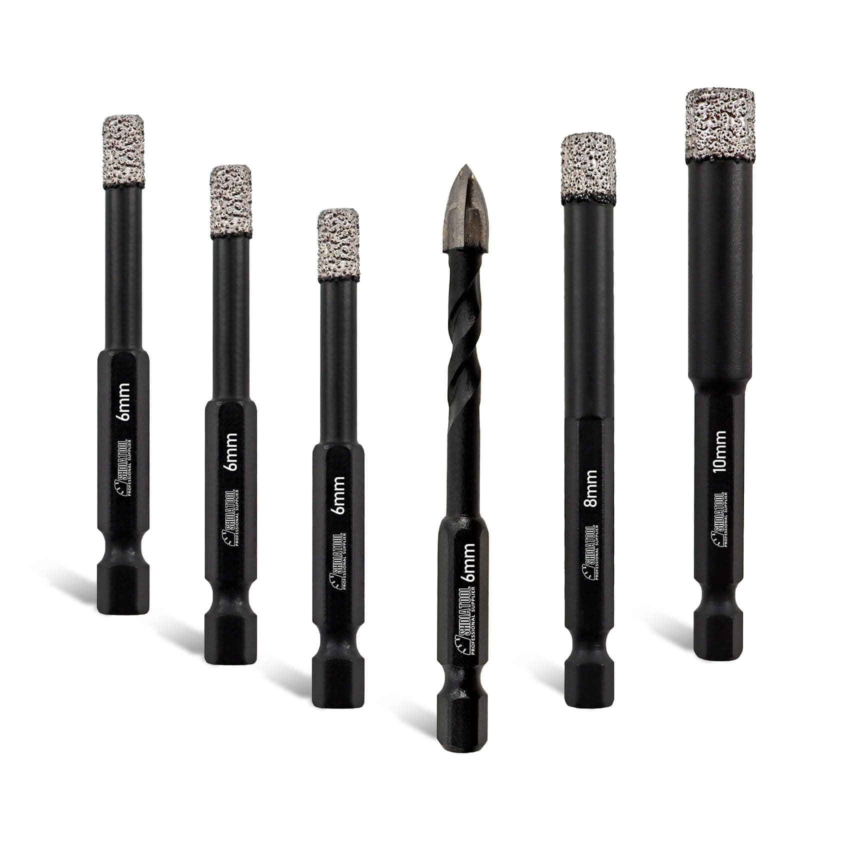 SHDIATOOL Dry Diamond Drill Bits Set 4pcs 1/4-Inch,5/16-Inch,3/8-Inch,1/2-Inch Tile Drill Core Bits and 1pc 1/4-Inch Carbide Diamond Tip Drill Bit for Ceramic, Tile, Marble, Porcelain 6mm 8mm