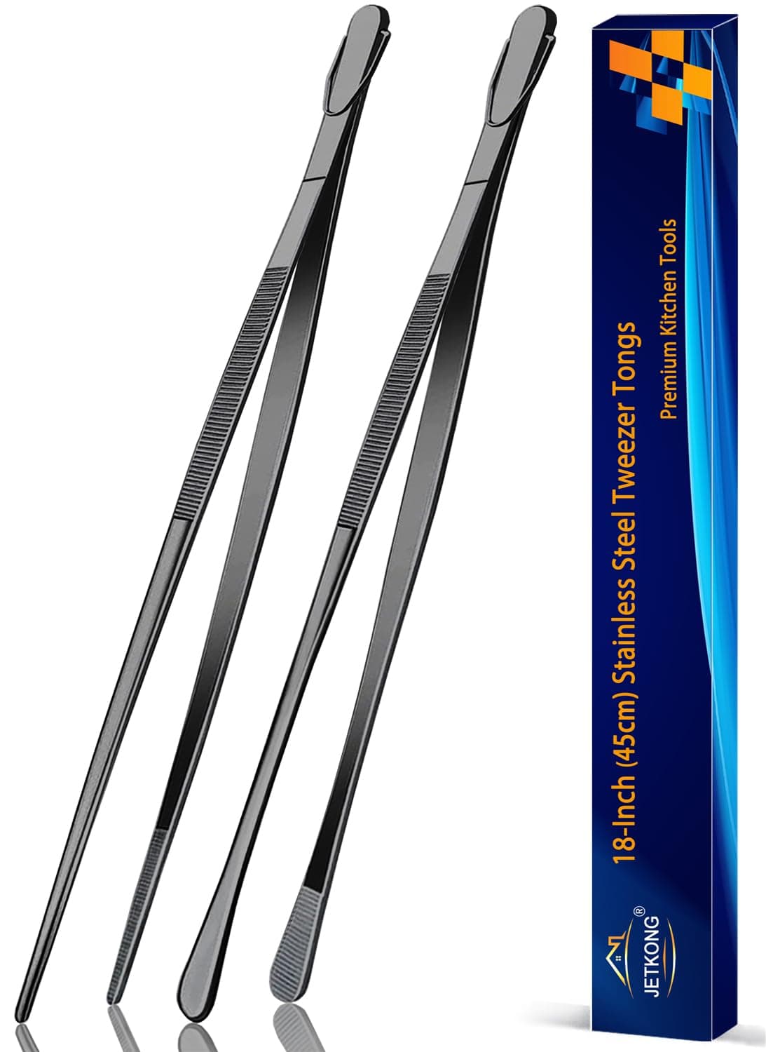 JETKONG 2 Pcs 18 Inch (45cm) Stainless Steel Grill Tongs Heavy Duty Giant Tweezer Tongs, Extra Large Tweezers Tools for Cooking, Grilling, BBQ and Turning Food (Black)