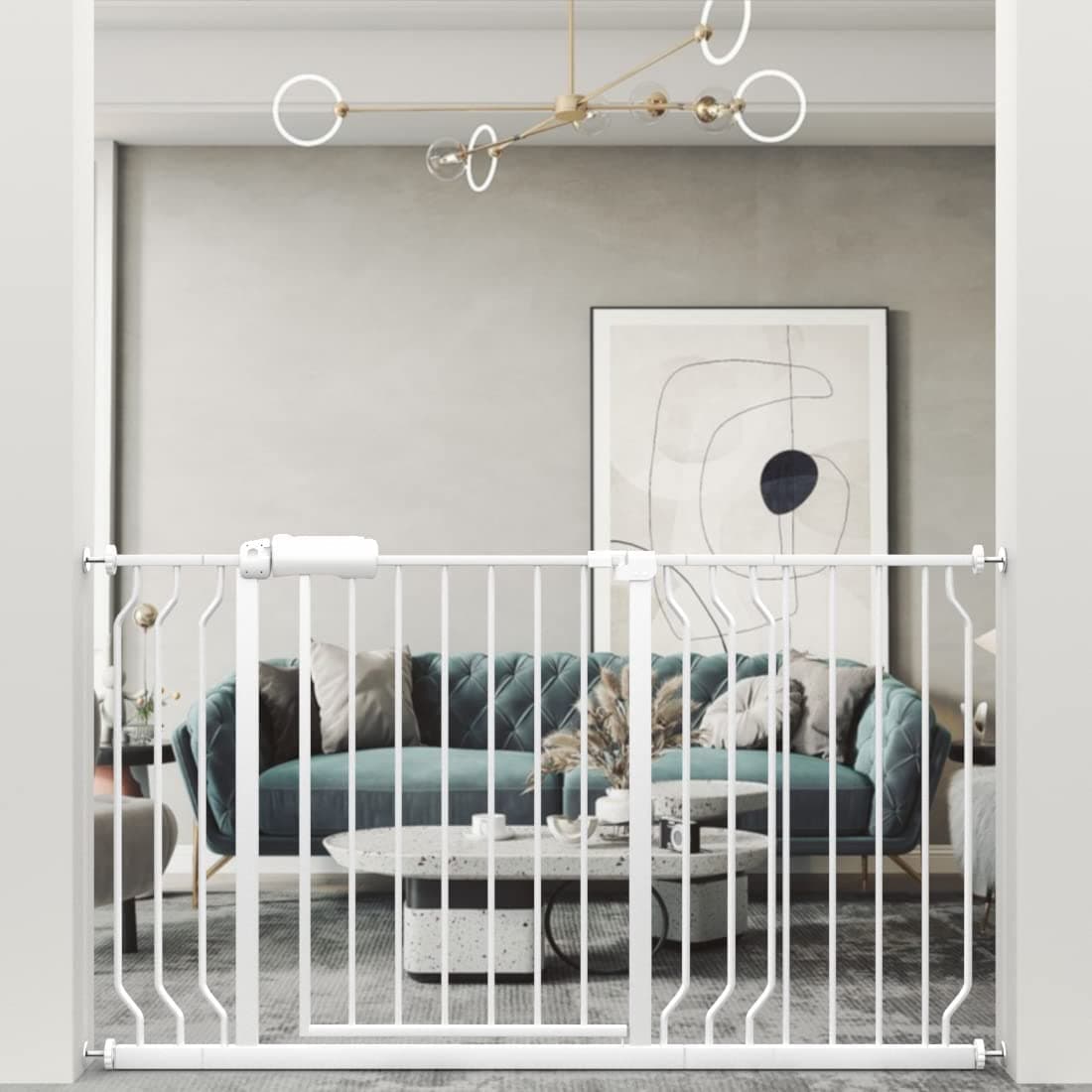 WAOWAO Baby Gate 48.03-52.76inch Extra Wide Pressure Mounted 49 50 51 52 Inches Walk Through Swing Auto Close Safety White Metal Toddler Kids Child Dog Pet Puppy Cat for Stairs, Doorways, Kitchen