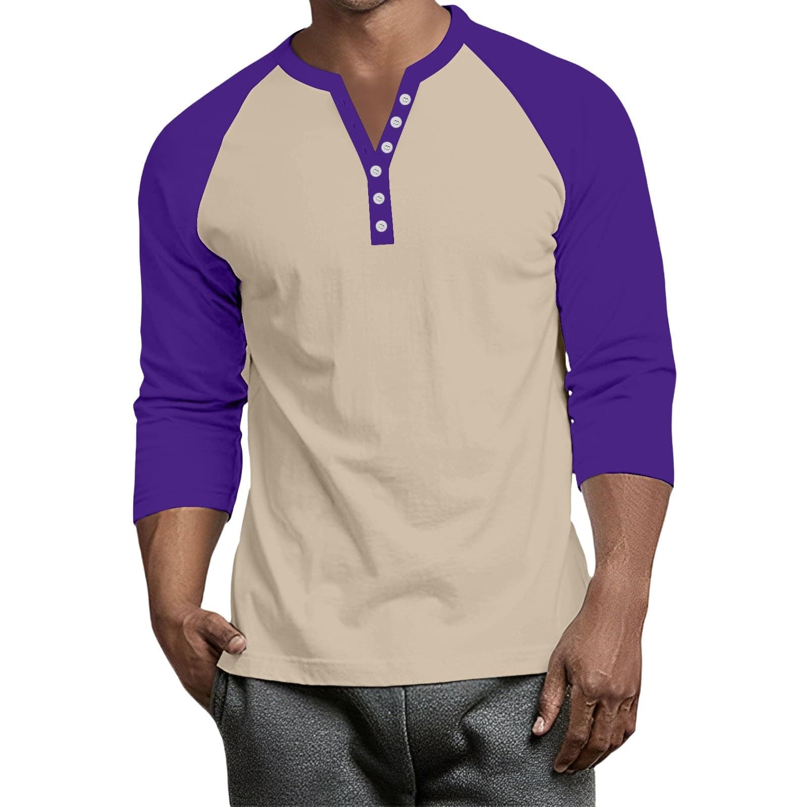 Mens 3/4 Sleeve Shirts Raglan Henley Jersey Baseball Big and Tall Henley Casual Workout Vintage Funny Purple Tshirts for Men Classic Quick Dry Men's Clothes Ropa para Hombre XL